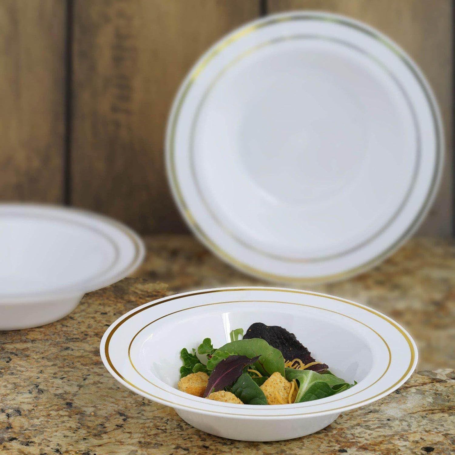 Efavormart 10 Pack 12 oz White Plastic Bowls with Gold Rim - Elegant Disposable Round Soup & Salad Bowls for Weddings, Parties, and Catering