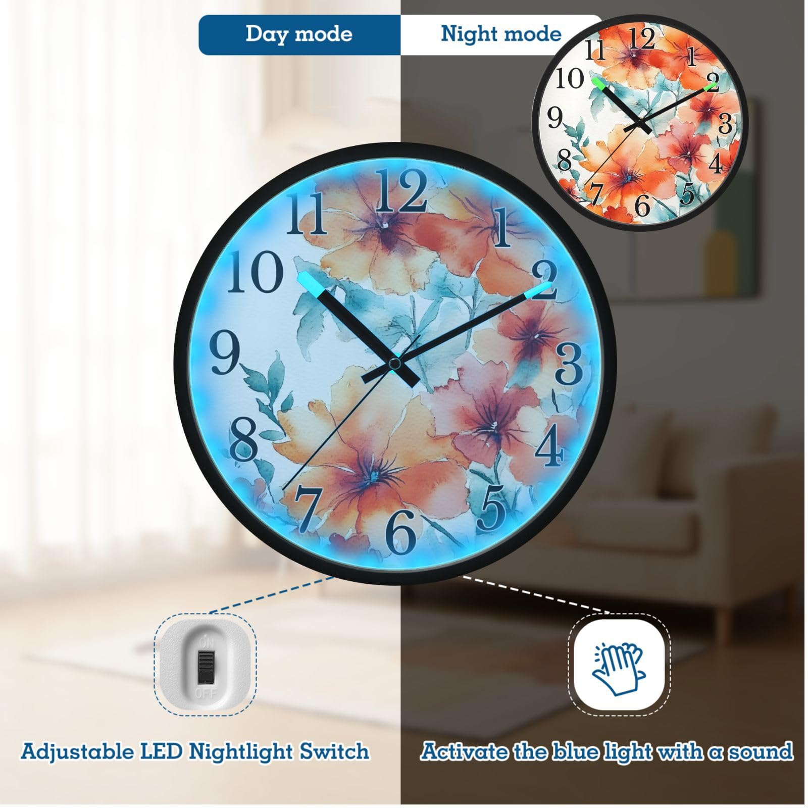Mnsruu Reloj de pared luminoso con diseño de amapola y flores naranjas, reloj de pared que brilla en la oscuridad, funciona con pilas, silencioso, sin tictac, luz nocturna para dormitorio