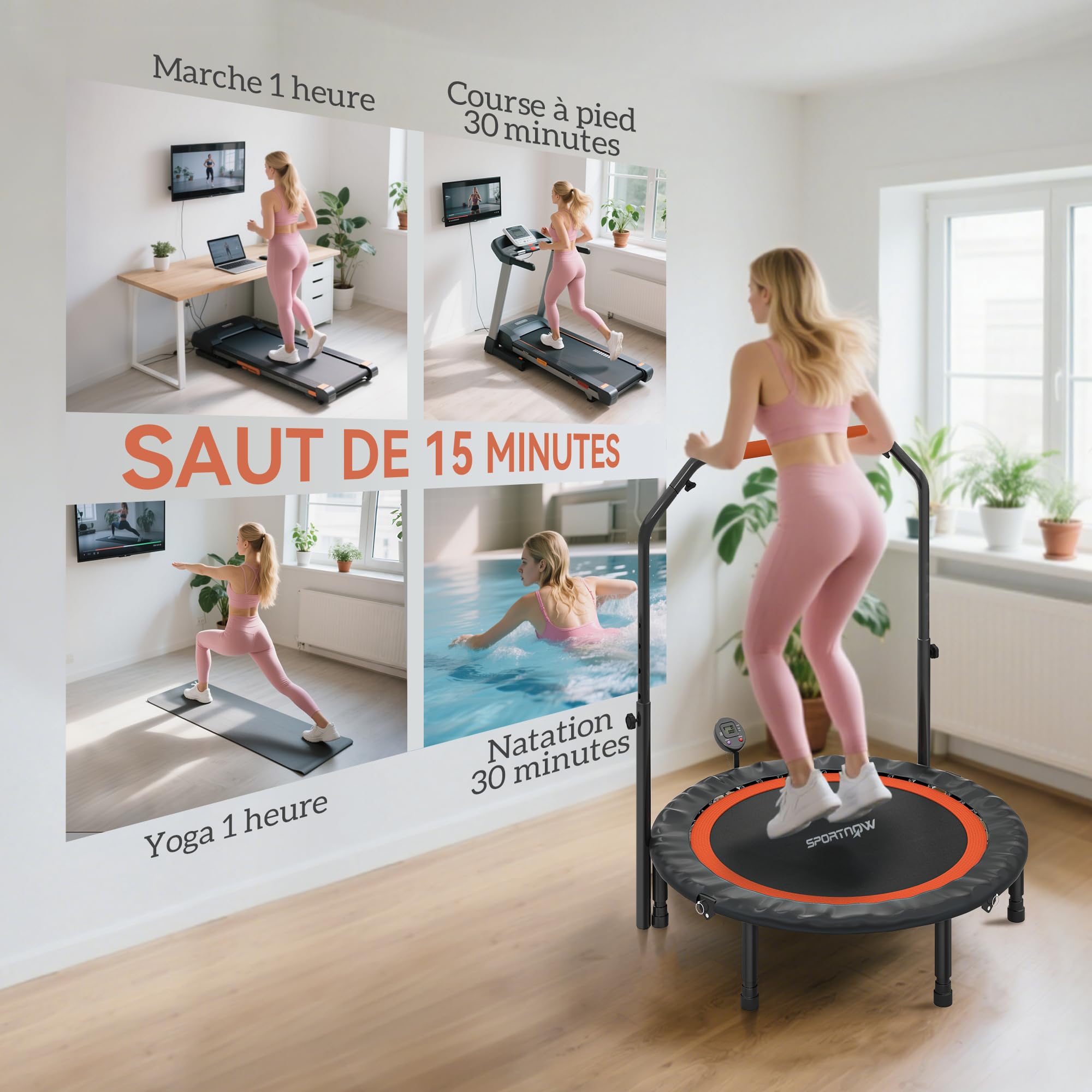 HOMCOM Trampoline de Fitness Gymnastique Trampoline Adulte avec poignée réglable, Pliable, 6 Pieds, 28 Ressorts Ø 102 cm
