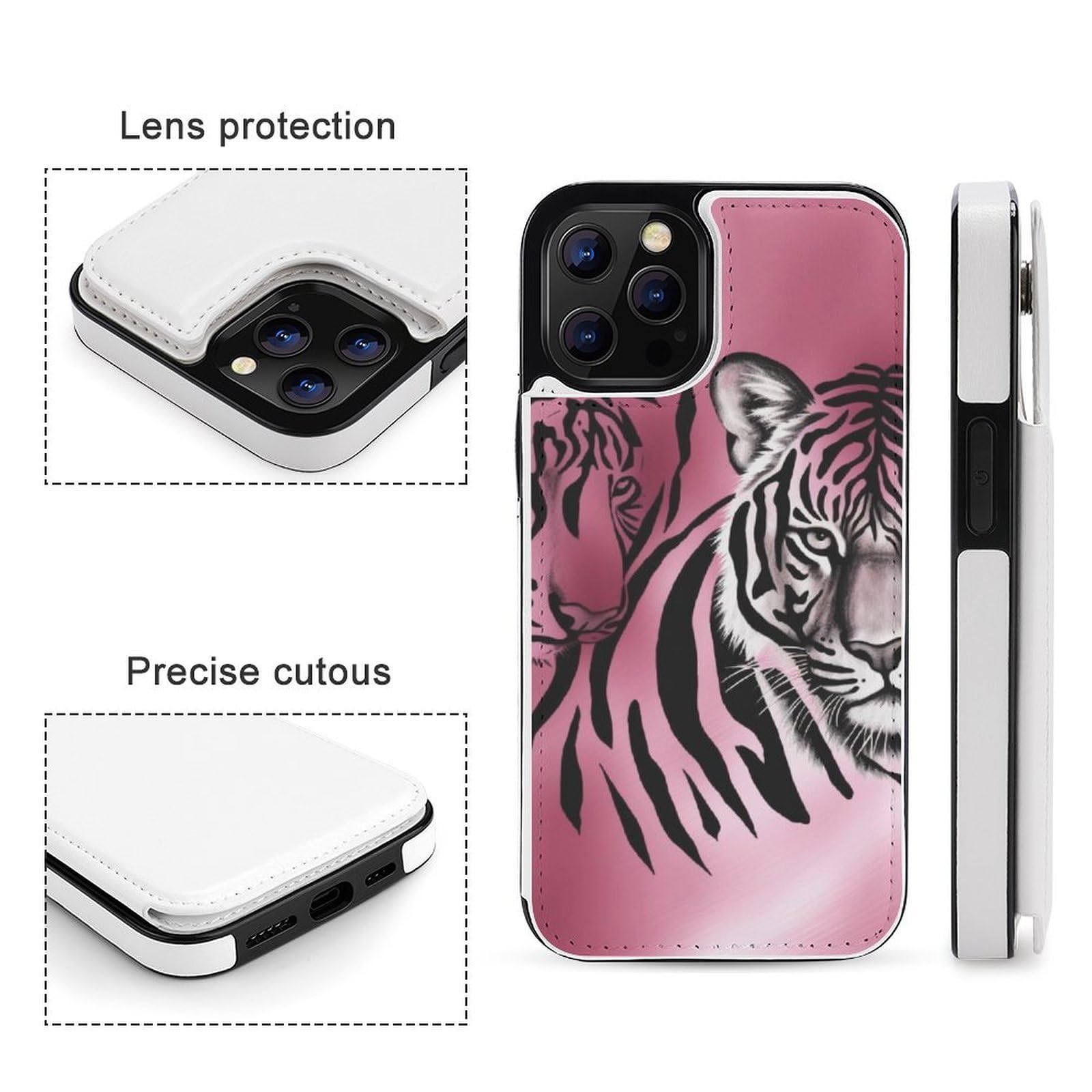 Fundas tipo cartera para iPhone 12 Pro Max, cebra, tigre, leopardo, estampado rosa, funda de piel con tapa para teléfono con ranuras para tarjetas