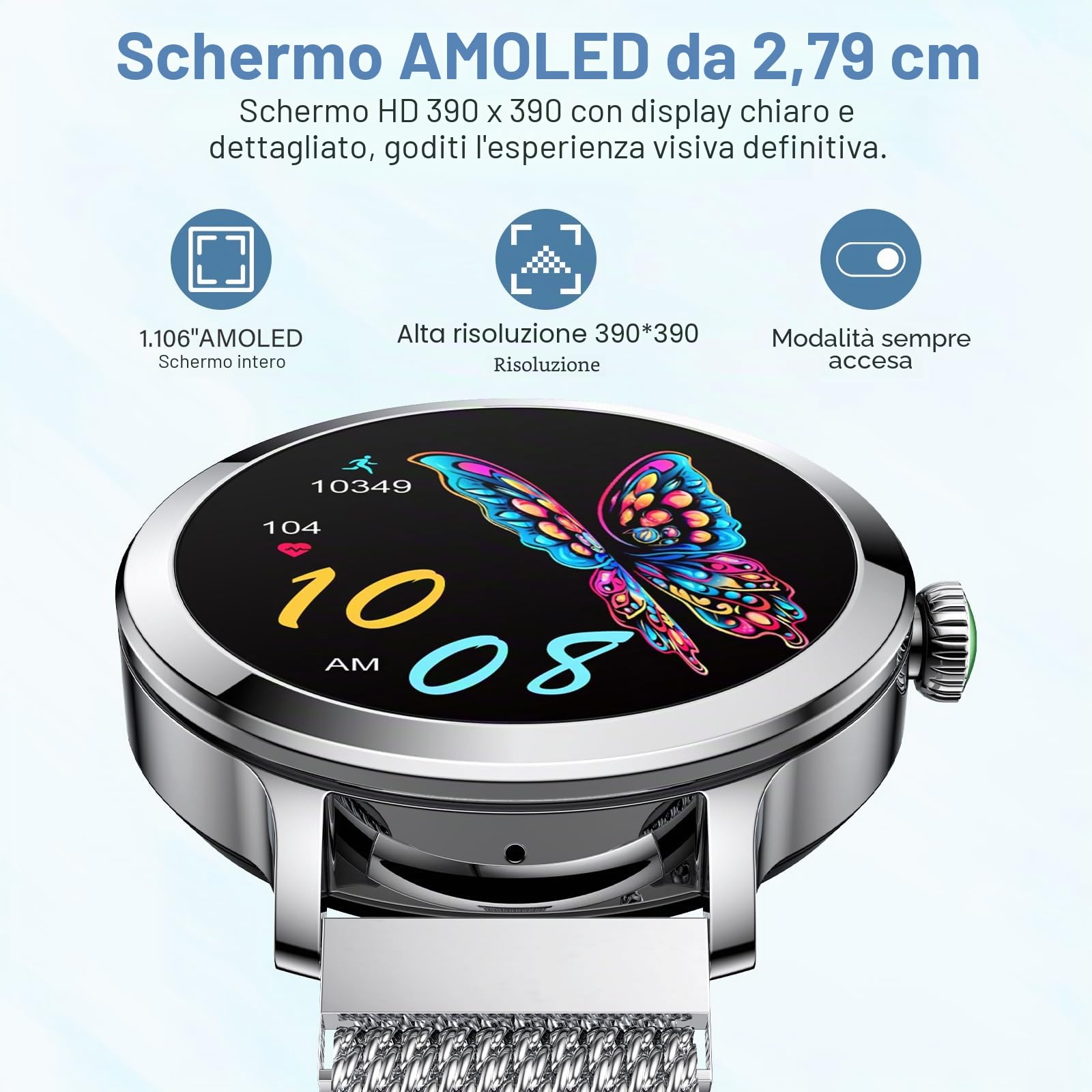 Efolen Smartwatch Donna Chiamate, 1.1" AMOLED Schermo Orologio Smartwatch con 110+ Sport, 24H Cardiofrequenzimetro/SpO2/Sonno, Orologi Sportivo IP68 Compatibile iOS Android Argenteo