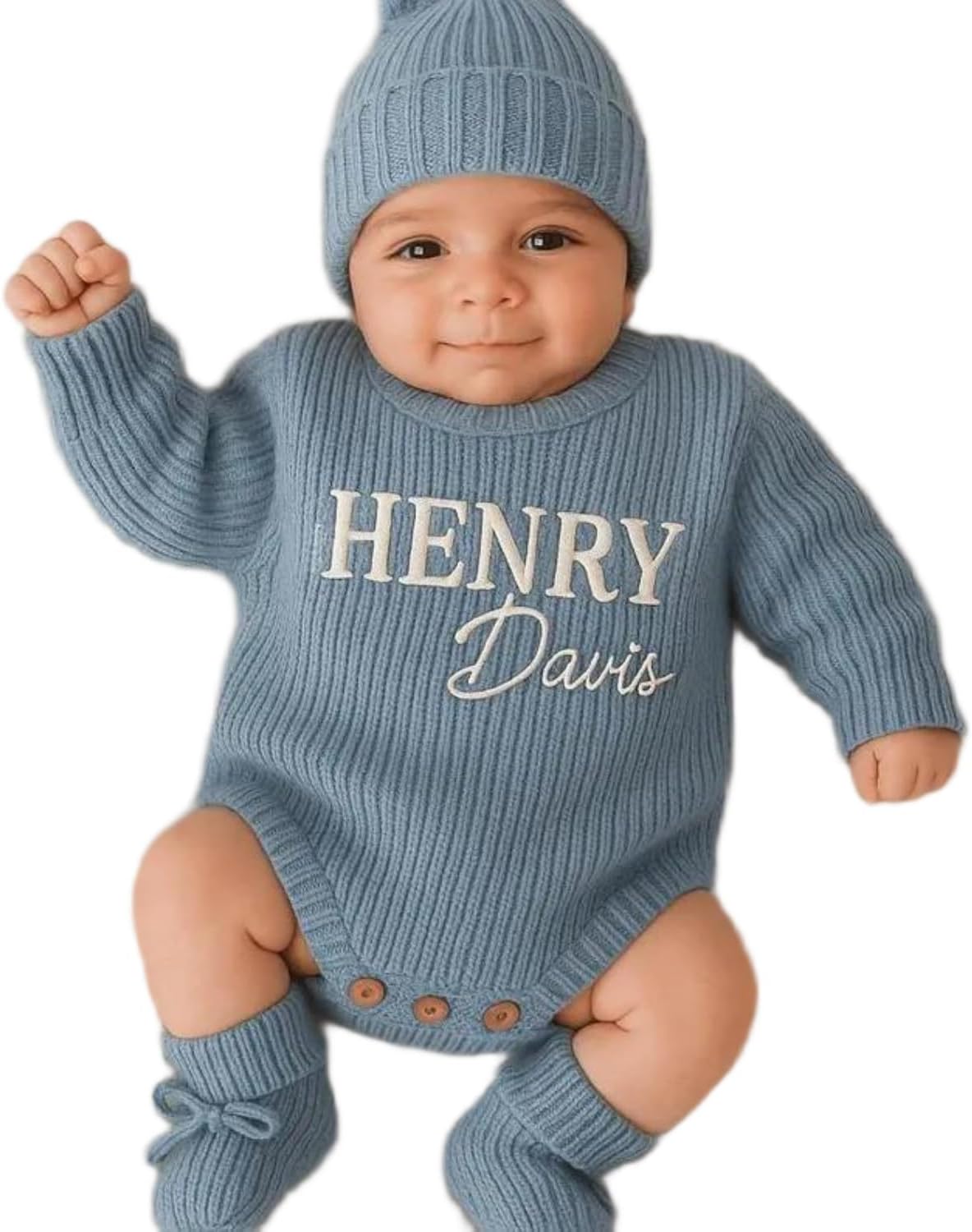 Personalized Hand-Embroidered Name Baby Romper Set,Custom Infant Coming Home Outfit,100% Cotton Knitted Sweater
