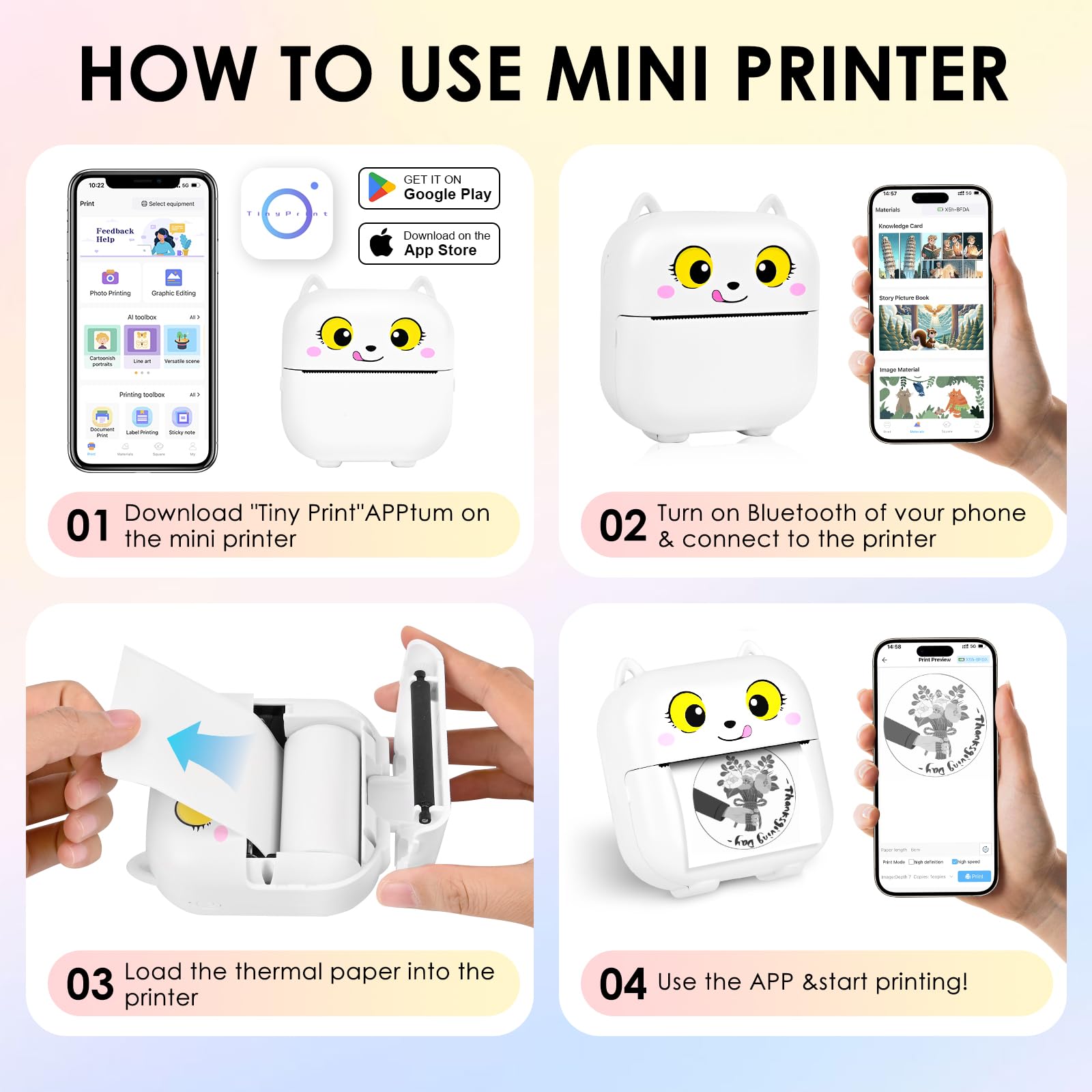 Mini drukarka, mobilna drukarka fotograficzna, przenośna bezprzewodowa drukarka termiczna z 13 rolkami, smartfon, drukarka Bluetooth do pomocy w nauce, notatek do nauki, dziennika