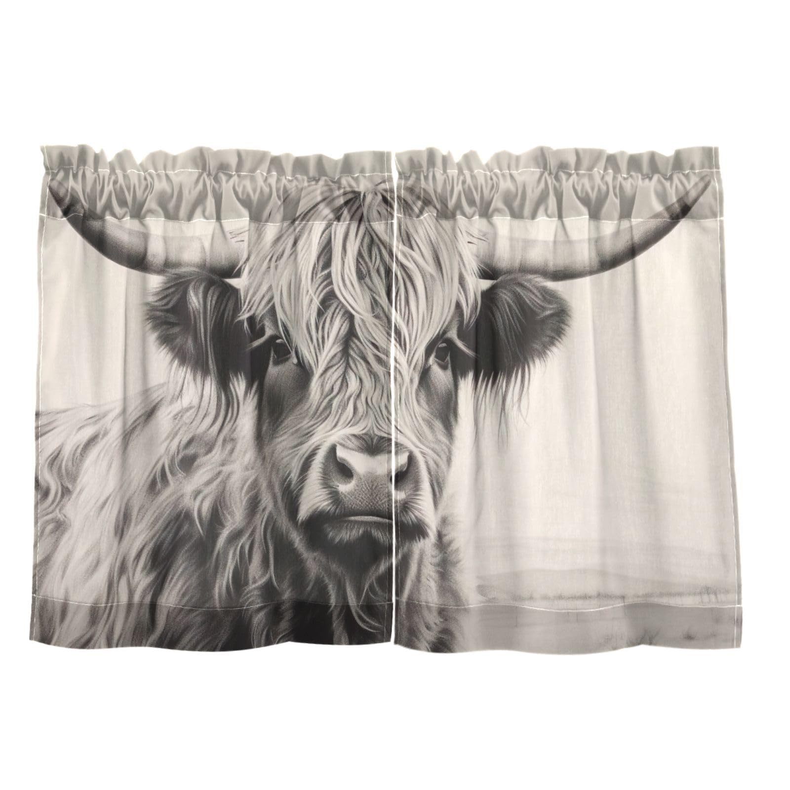 Flradish Vintage Highland Cow Kitchen Curtains 36 Inch Length Blackout Thermal Insulating Tier Curtains with Rod Pockets Short Curtains Home Decor for Living Room/Bedroom