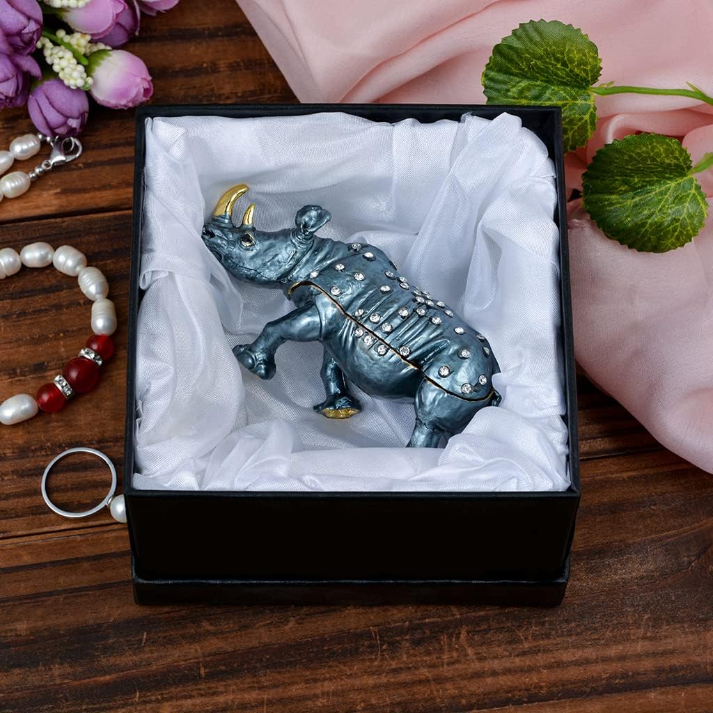 Golden Jeweled Enameled Rhinoceros Jewelry Box, Hand-Painted Hinged Rhino Trinket Box, Elegant Home Décor & Unique Gift for Animal Lovers