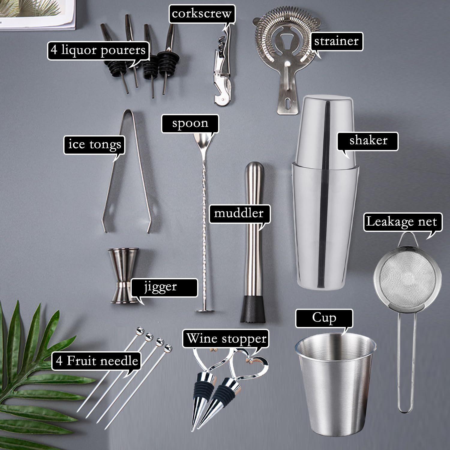 Set Shaker Cocktail 16 Pezzi Nero - Con Jigger, Pinza Ghiaccio, Muddler E Accessori Per Bar - Foto 6