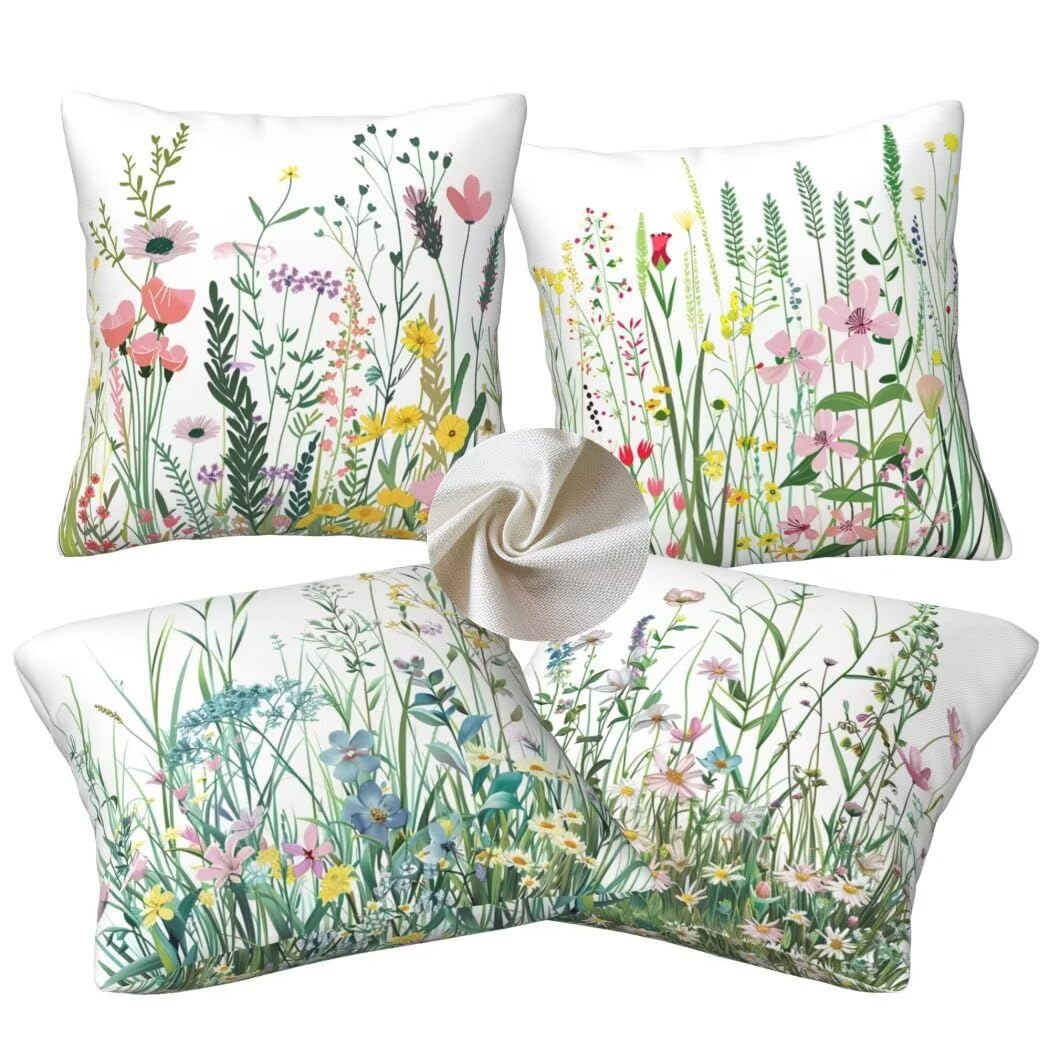 Kissenbezug 60x60 cm Wildblumen Sofakissen 4er Set Leinen Dekokissen Kissenbezüge Couchkissen Gras Outdoor Kissen Zierkissen Kissenhüllen für Schlafzimmer, Sofa, Stuhl, Bett, Garten Deko Kissen -LI87
