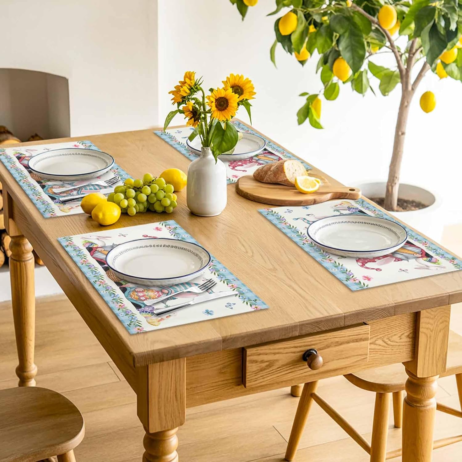 Easter Basket Eggs Placemats Set of 6 - Washable Woven Burlap Cloth Fabric Placemat for Square/Rectangle/Round/Oval Dining Table,Easter Gnomes Bunny Blue Plaid Flower Easy Clean Place Mats for Kids