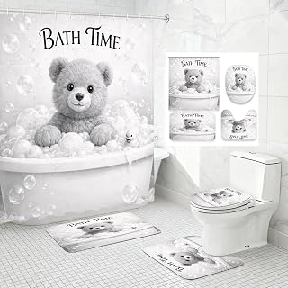 4 Piece Cute Teddy Bear Kids Shower Curtain Set with Non-Slip Rugs, Toilet Lid Cover, Bath Mat, Bath Time Bubbles Black & White Design Bathroom Decor Set, 72 x 72 Inch with 12 Hooks