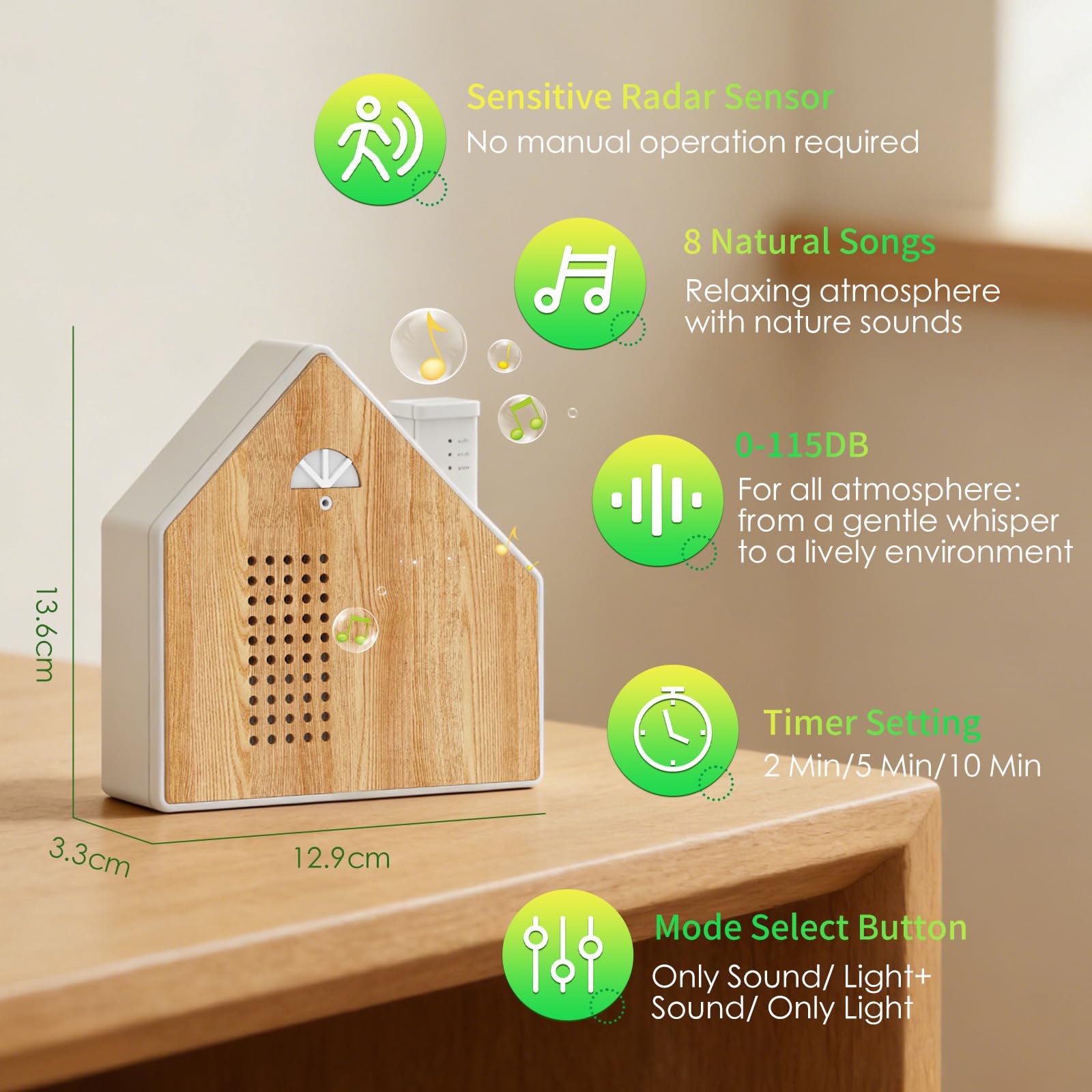 Sound Box Naturale, Canto Uccelli Musicale con Sensore di Movimento,Luci Notturna, 8 Branzi Relax, Regolazione Volume 0-115dB, 3 Timer Impostazioni, Creare SPA Forestale in Casa