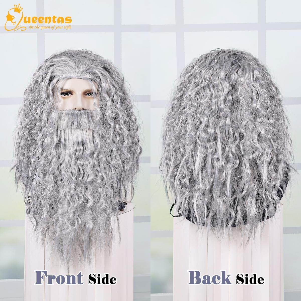 QUEENTAS Mens Wigs Long Curly Grey Wig and Beard Cosplay Halloween Character Fake Wizard Wig Costume Fancy Dress Christmas Party (Grey) - Image 4