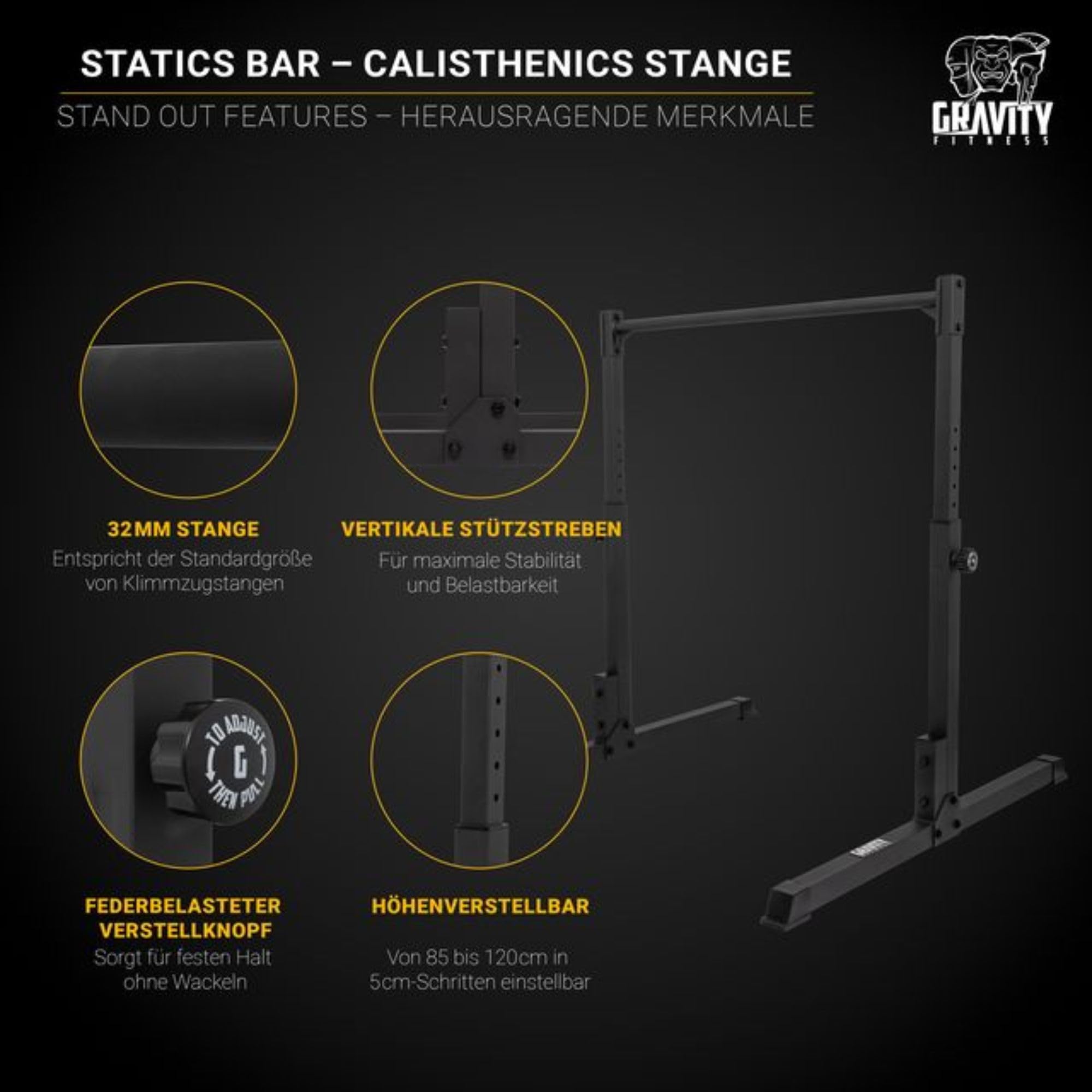 Gravity Fitness Calisthenics Statische Bar - Verstellbare Höhe 85-120cm - Rutschfeste Fitnessstrecke für Heimgym, Bodyweight & Krafttraining - Gymnastik Pull-Up Bar