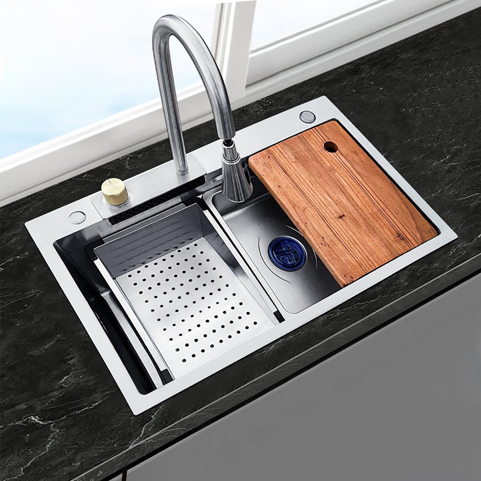 Évier de cuisine en acier inoxydable - Design cascade - Lavabo simple à légumes avec robinet extractible - 68 x 45 x 21 cm - Durable et élégant pour un usage domestique