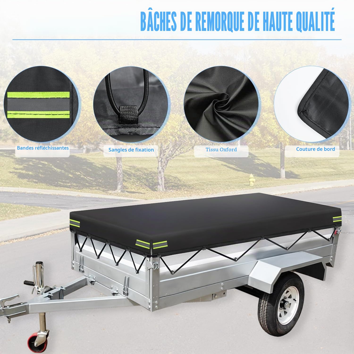 Bâche de Remorque - 214 x 122 x 13 cm | Tissu Oxford 420D Imperméable, Coupe-Vent, Protection Solaire, Indéchirable | Compatible avec Remorques de Plupart des Remorques de Voiture
