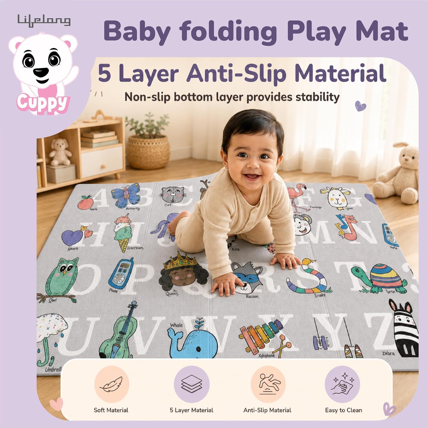 Lifelong Cuppy Alphabet Junior Baby Play Mat | Waterproof Mat for Crawling & Playing | Travel Friendly, Soft Indoor, Outdoor Usage Yoga Mat | Non Toxic with Animal Alphabet Theme (4.92x3.94x0.02ft) — Amazon image 9