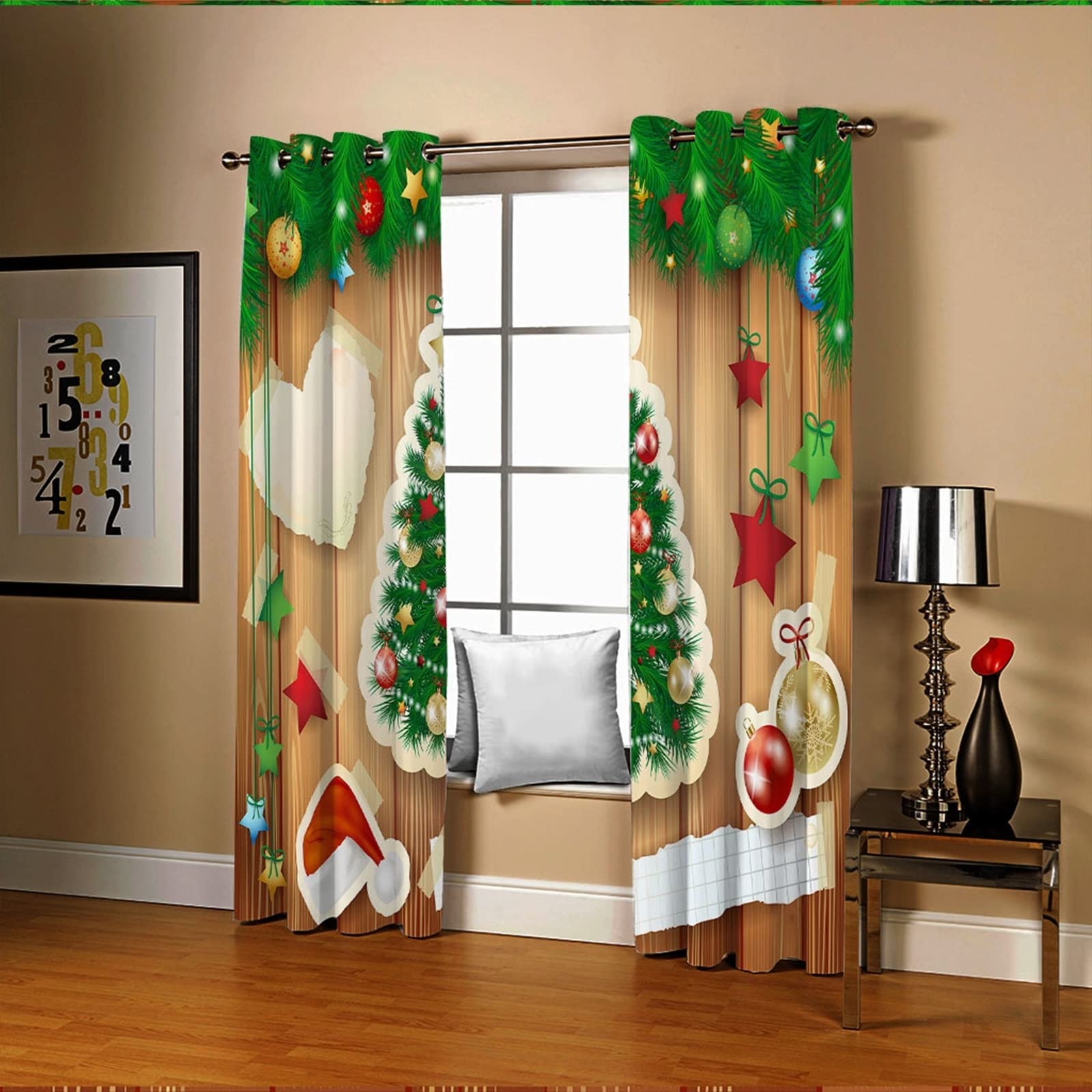 Serce z choinką gwiazdy kulki zasłony kuchenne, zasłony z oczkami 2 panele, szer. 137 cm x dł. 160 cm