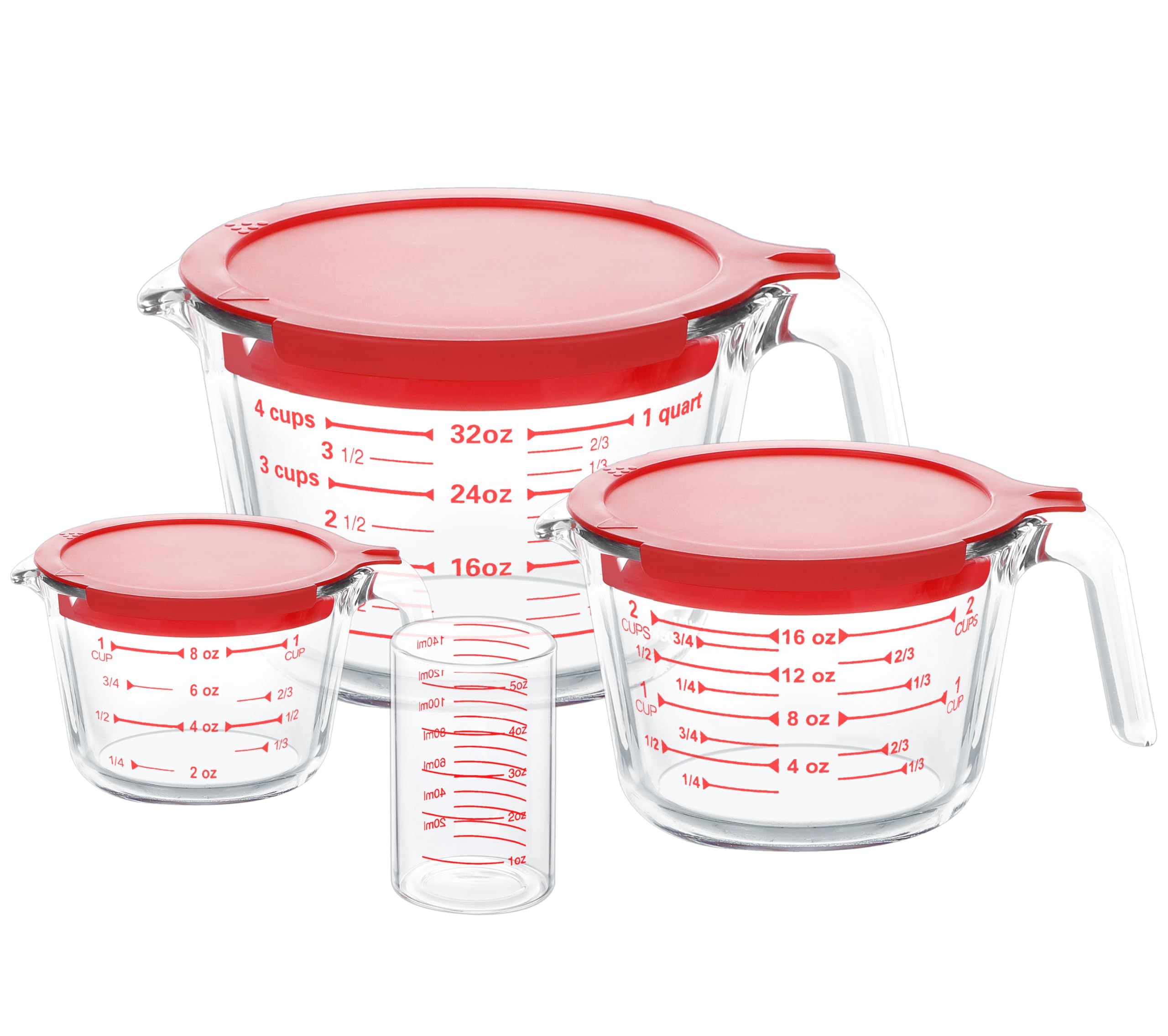 4 Piece Glass Measuring Cups Set, 5 Oz, 1-Cup, 2-Cup, 4-Cup Liquid Measuring Cups with Lids for Kitchen, Freezer and Microwave Safe