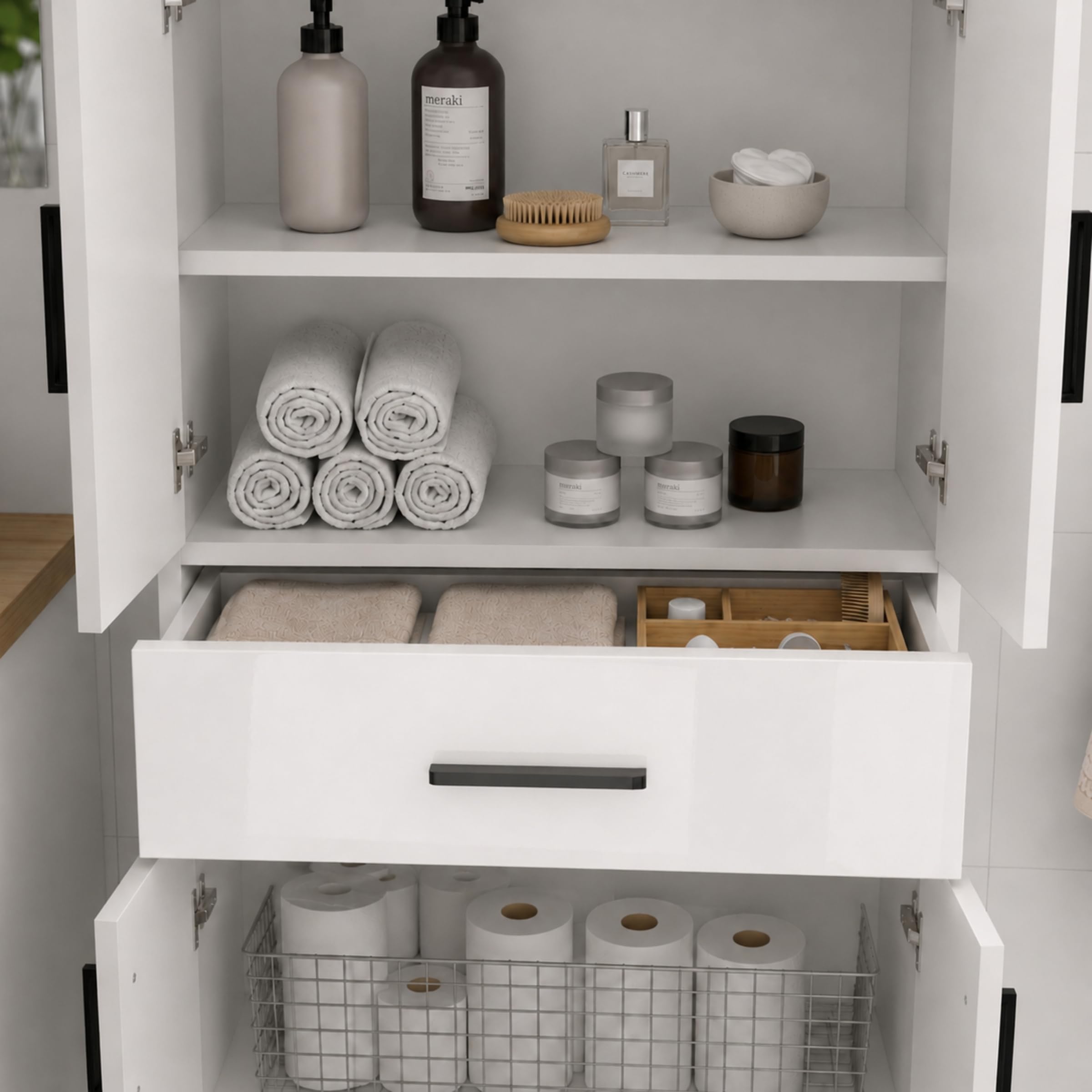 Colonne de Salle de Bain, 4 Portes, Tiroir, Blanc Brillant | Meuble de Salle de Bain Étroit, Meuble de Rangement pour Cuisine et Salon