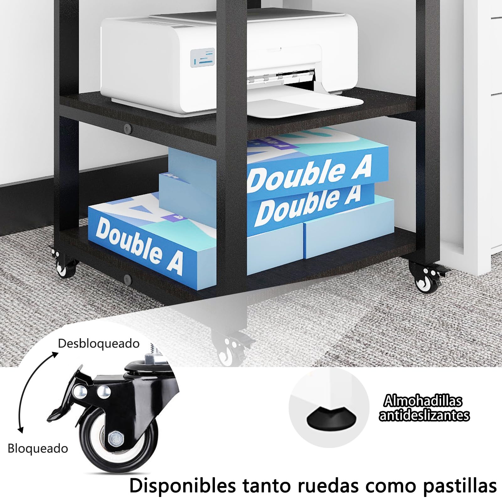 PUNCIA 50 x 50 x 51 cm Soporte para Impresora Estante de 3 Niveles con Ruedas Universales Mueble Móvil Oficina para Impresora de Madera y Metal Carro de Almacenaje para Despacho Escuela Estudio Negro