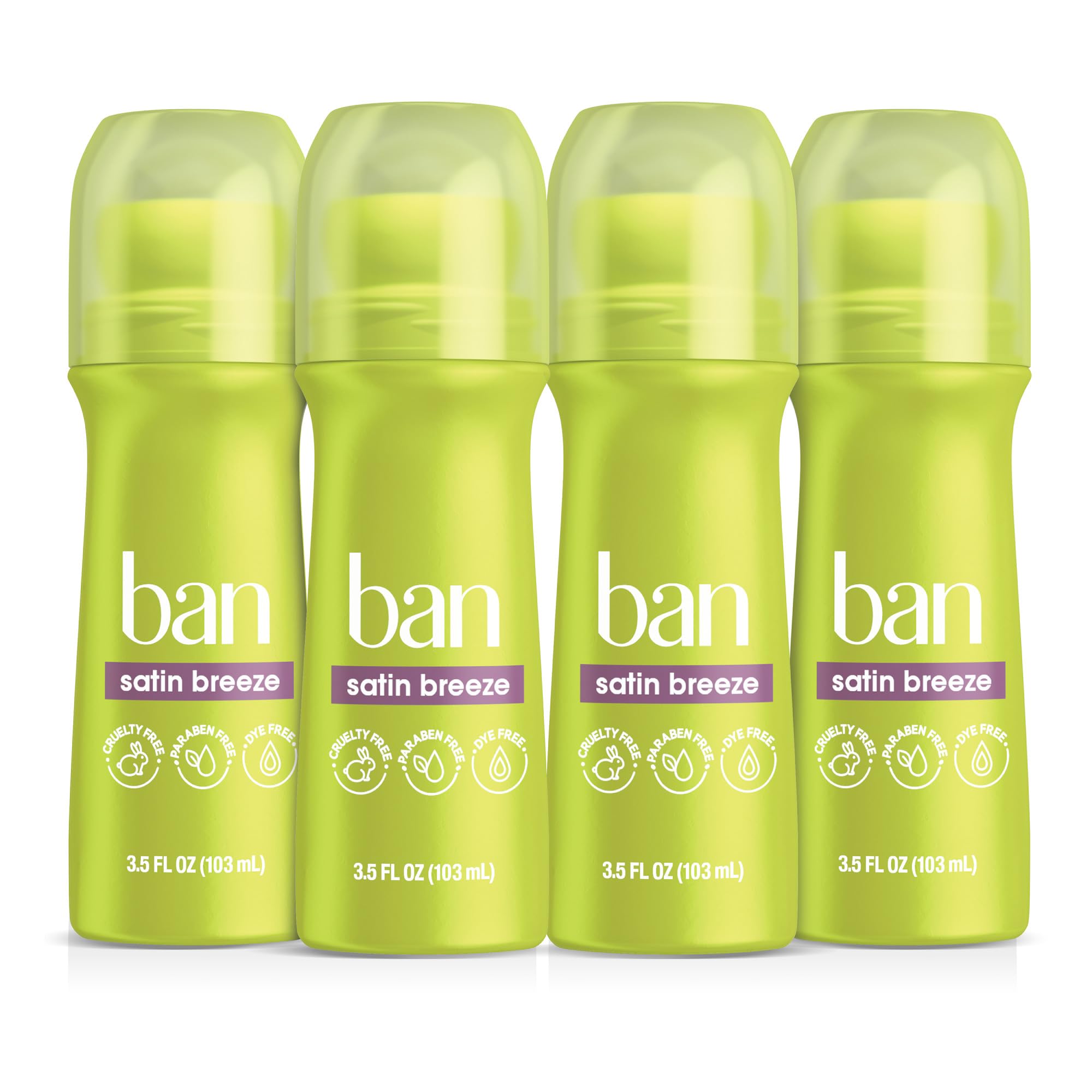 Ban Satin Breeze 24-Stunden-Invisible Antitranspirant, 3.5oz Roll-on Deodorant für Frauen und Männer, 4er-Pack, Unterarm Nassschutz, mit Odor-Kampfzutaten