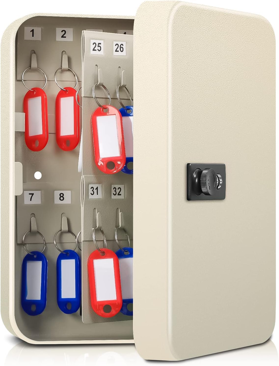 Moonmen Key Cabinet with Combination Lock, Key Storage Box Wall Mount, Steel Security Locking Key Lock Box with Code, 48 Key Hooks and Colored Key Tag Labels (White, 48 Keys)