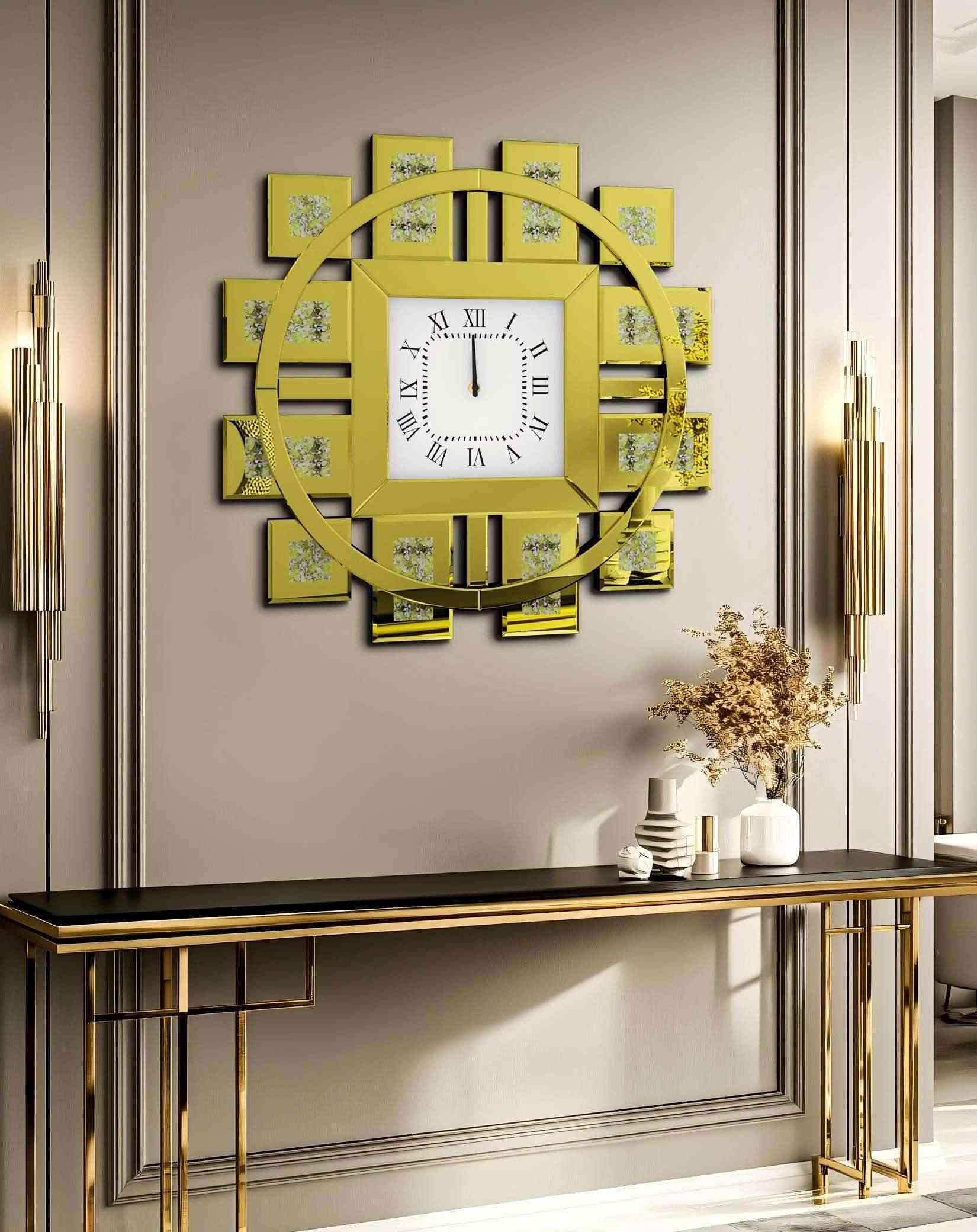 round mirrored wall clock crush diamond mirror decor 32 inch, golden