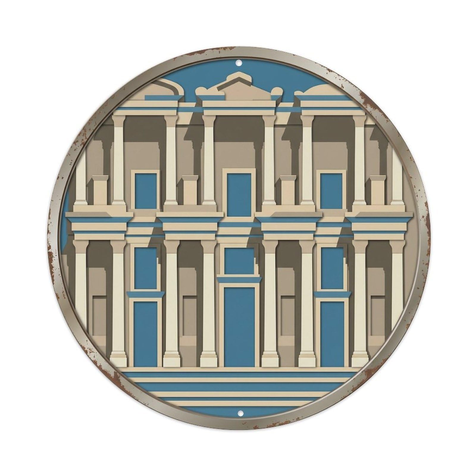 Ephesus Layered Library Travel Metal Tin Sign Plaque Wall Decor for Cafe, Club, Garden Round Metal Poster 8x8Inch