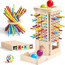 Toys Kids 3 4 Years Old Board Games, 3-in-1 Montessori Toys with 40 Wooden Sticks, Dice and 5 Colored Balls Wooden Tower Educational Games Birthday Gift Girl Boy 3 4 5 6 Years Old