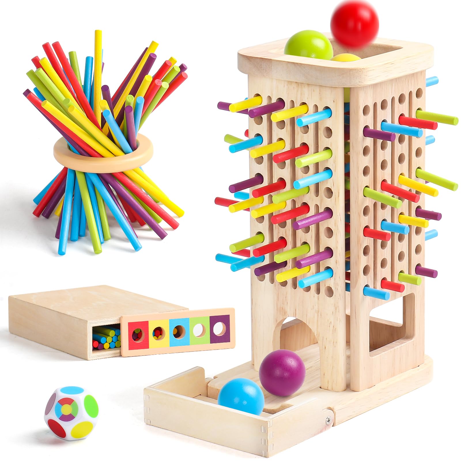 Juguetes Niños 3 4 Años Juegos de Mesa, 3-en-1 Juguetes Montessori con 40 Palitos de Madera, Dados y 5 Bolas de Colores Torre de Madera Juegos Educativos Cumpleaños Regalo Niña Niño 3 4 5 6 Años