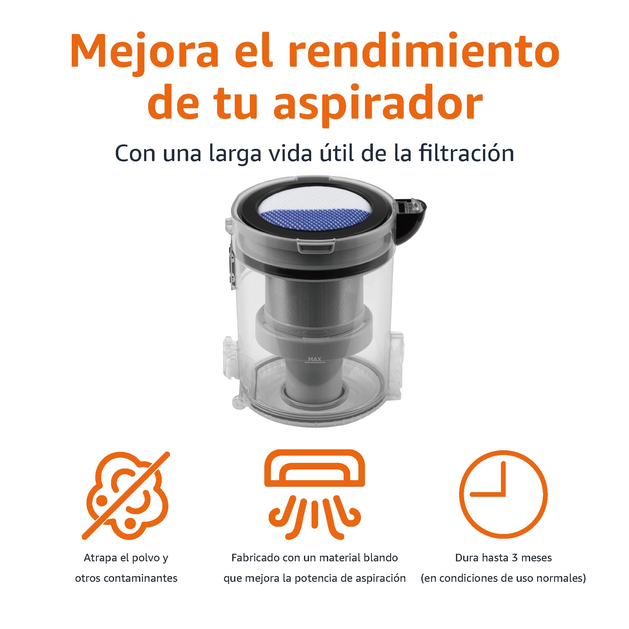 Amazon Basics Filtros de Repuesto para Aspiradora Sin Cable 2-en-1 150W BLDC (Modelo: B09NS4RVQ9), Pack de 3, Lavables