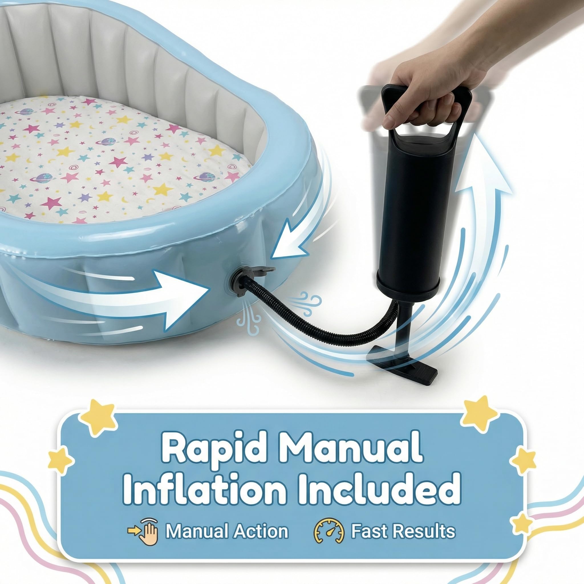 Aufblasbares Reisebett für Kleinkinder mit Baumwollbezug, erhöhtem Rausfallschutz, PVC-Rahmen, Sicherheitsventilen & Handpumpe (Blue)