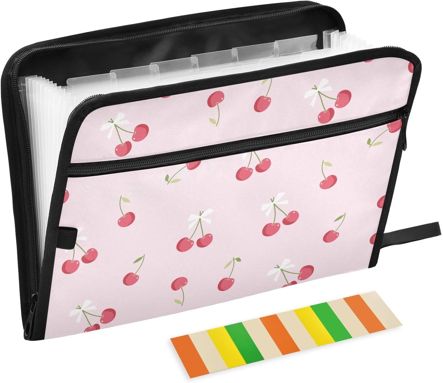 ZZKKO Pink Cherry White Bow File Folders,Plastic Folders with 13 Pockets,Expandable File Folder for Documents School Students Office,Aesthetic Folder with Labels A4 Letter Size