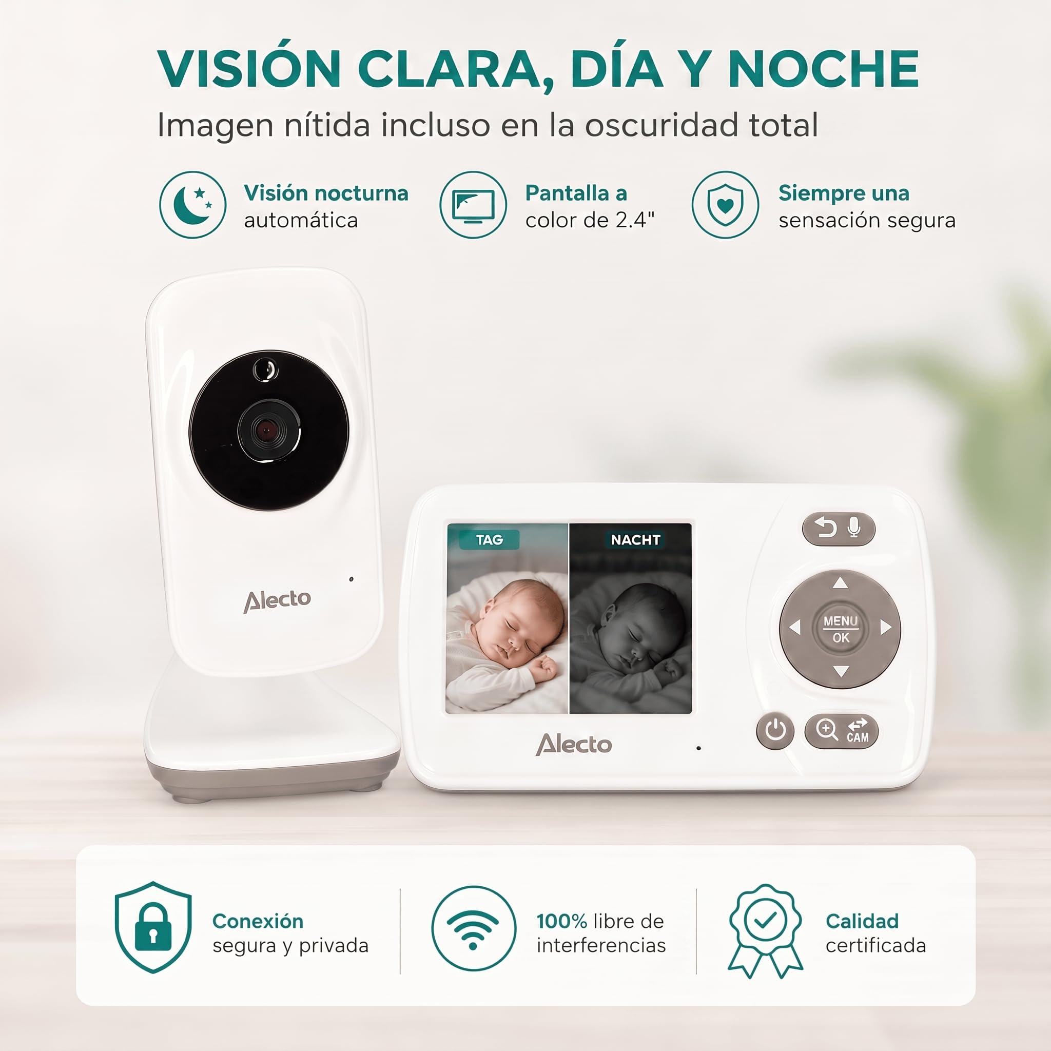 Alecto DVM71 - Vigilabebés con cámara, Monitor de bebé de 2,4 Pulgadas, Alcance de 50 m, batería de 10 Horas, Color Blanco/Topo