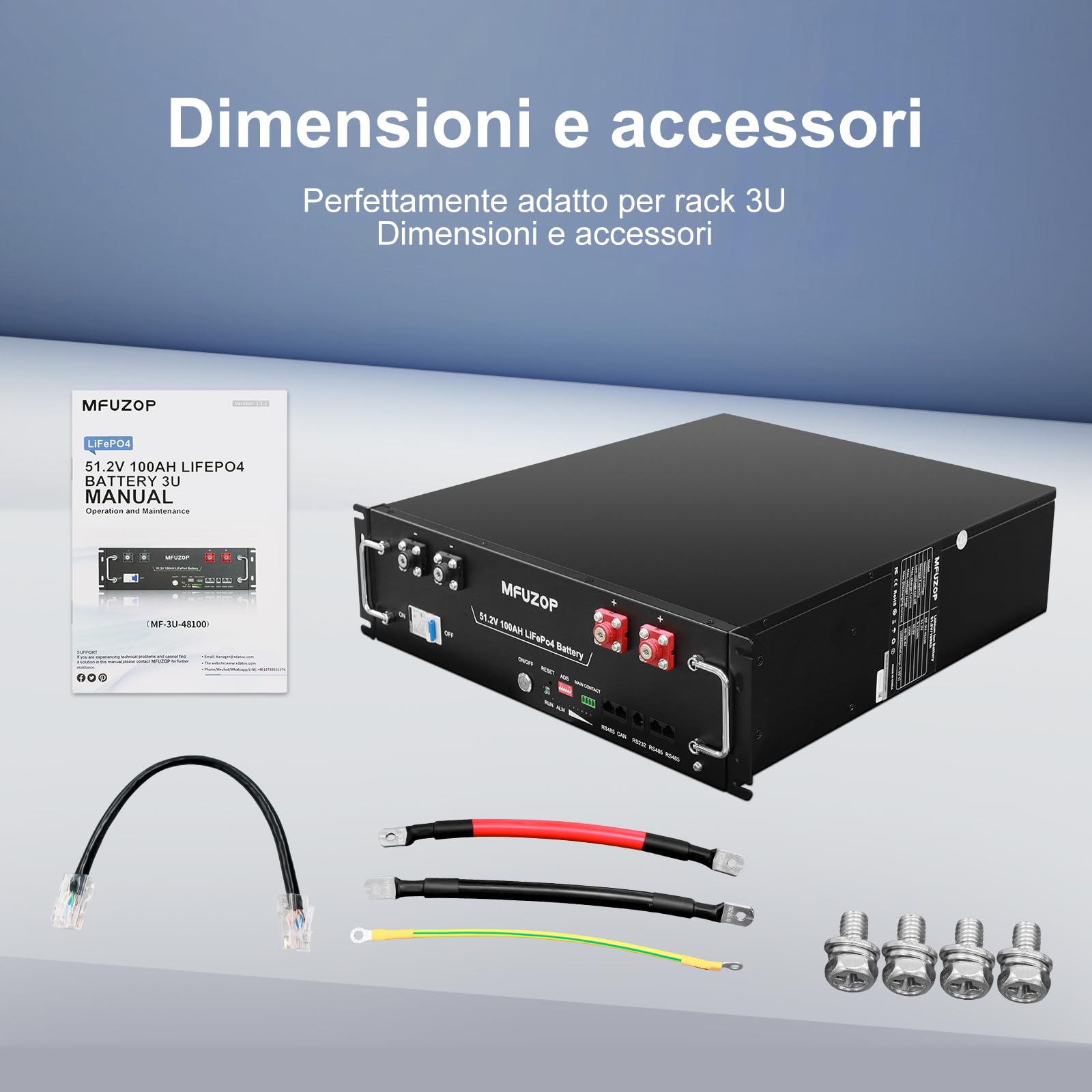 Batteria al litio LiFePO4 da 48V 100Ah 5.12kWh, BMS 100A, 3U Server Rack Batteria Supporto CAN&RS485 avec Bluetooth, 15000+ Cycles, pour Solaire, Camping-Car, Secours (48V 100Ah (1 Pack))