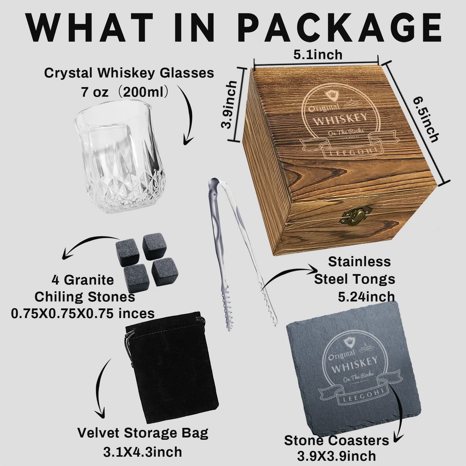 Pietre Fredde Per Whisky Set Regalo Whisky Con Pietre Di Granito - 2 Bicchieri, 8 Pietre, Portasigari E Taglierino, In Scatola Di Legno Bicchieri Da Whisky E Accessori
