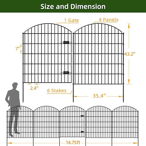 Miniatura 5 de FOREHOGAR Puerta y vallas de metal para jardín, para exteriores, ECG1191, 1 puerta + 4 paneles de cerca, 43.2 pulgadas de alto y longitud total