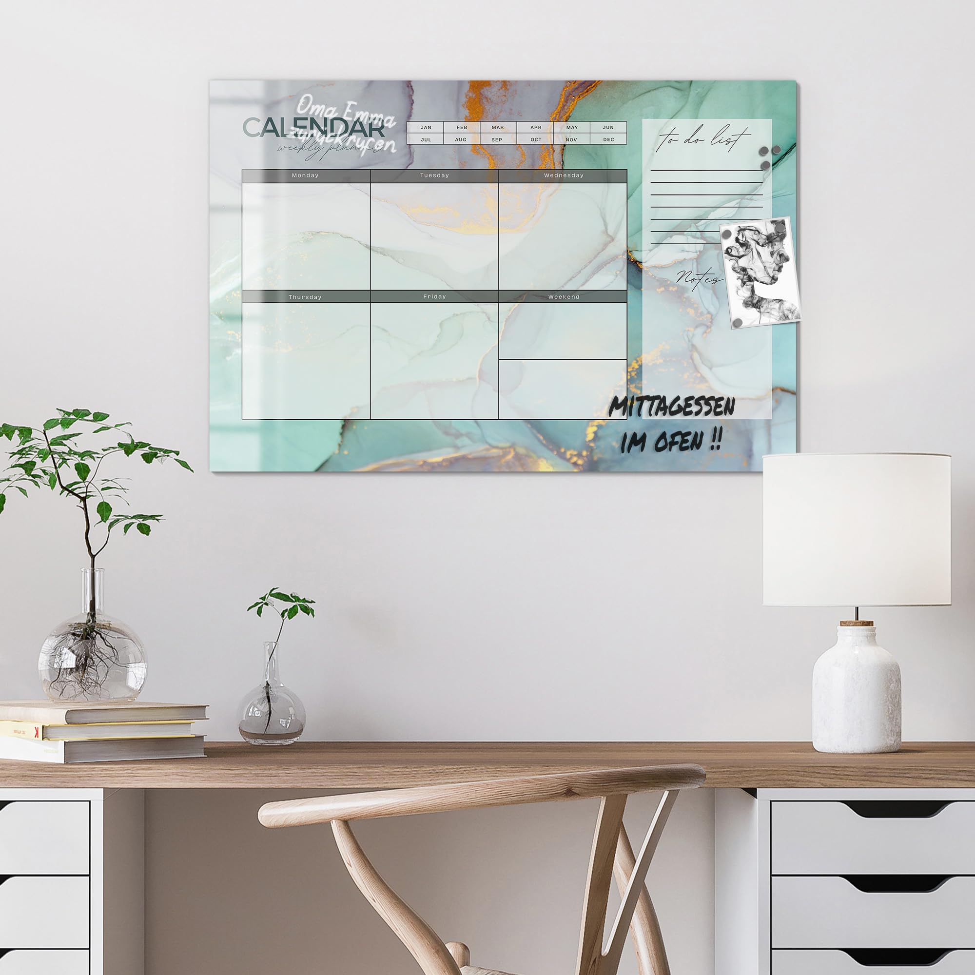 DEQORI Lavagna magnetica in vetro | 90 x 60 cm | motivo "Agenda settimanale menta (EN)" | Lavagna magnetica con magneti, penna e panno per cucina e ufficio, lavagna magnetica e scrivibile