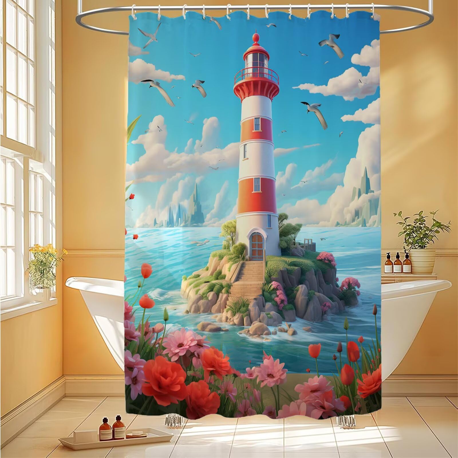 Rideau de douche ocean 180x190 cm textile premium motif phare 6H-142