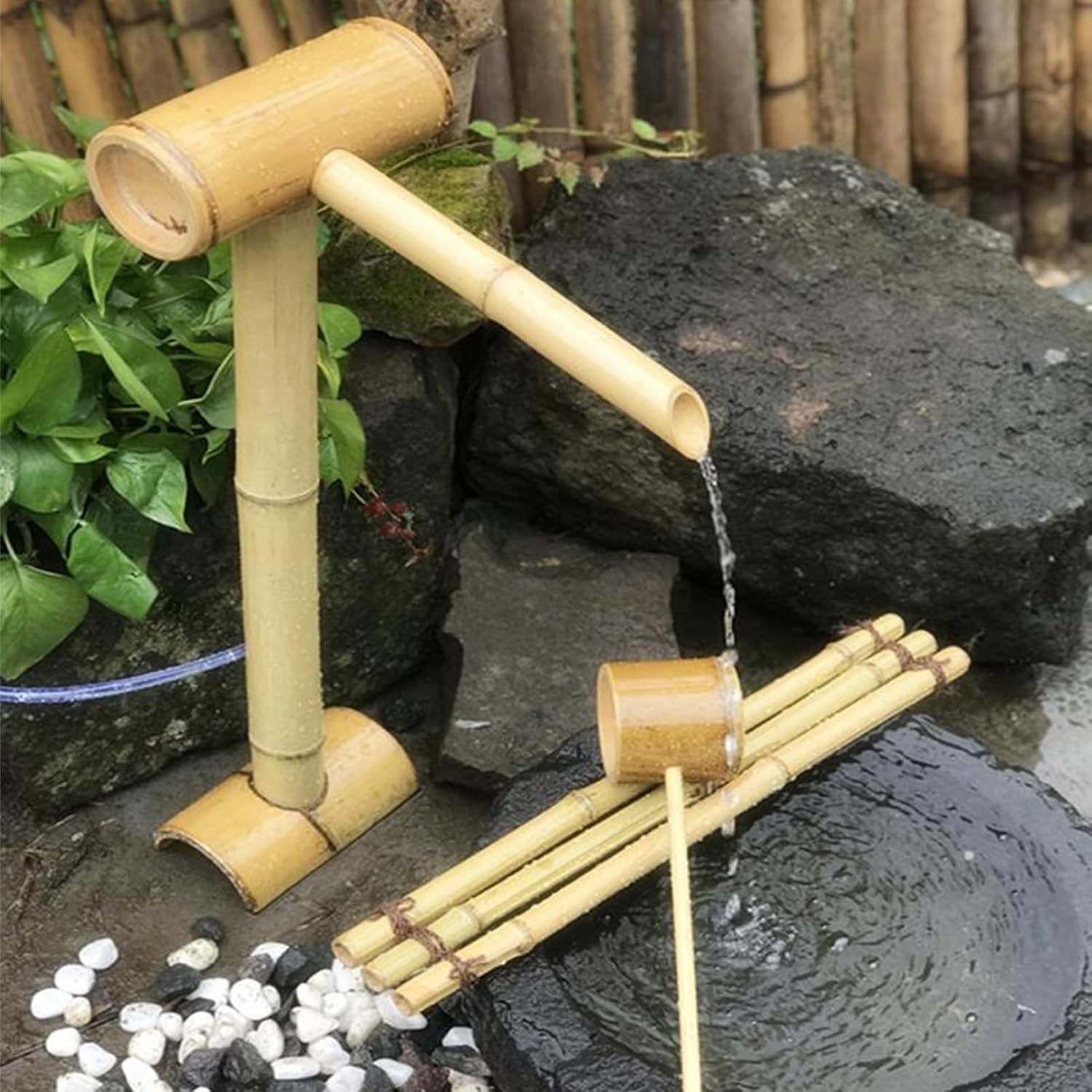 Outdoor Bamboo Water Feature Fountain Decoration with Pump, Zen Japanese Garden Waterscape Waterfall Decor Kit, 100% Handmade for Indoor Pond Lawn Backyard,80cm