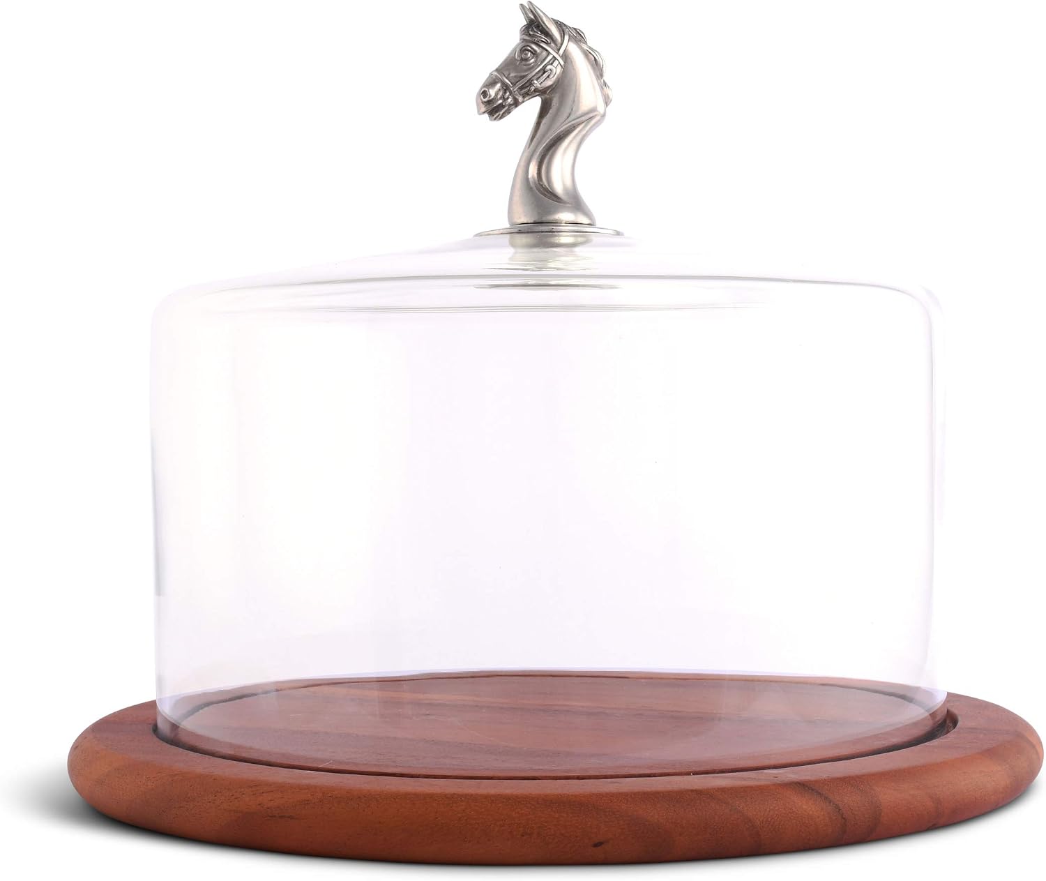 Vagabond House Wood Cheese/Display Board with Glass Dome Cover with Solid Pewter Horse Knob Handcrafted Design - Board Hand Blown Glass 13 inch Diameter x 9.5 inch Tall