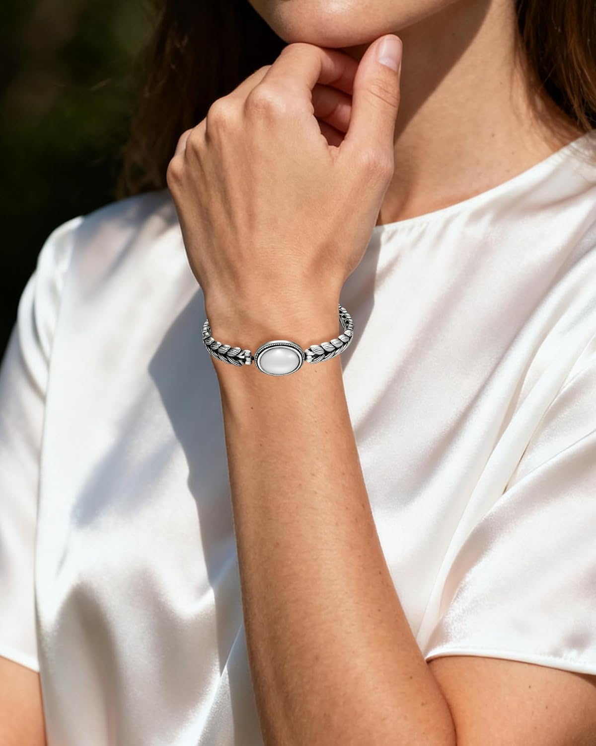 925 Sterling Silver Bangle with White Jade Stone Adjustable Leaf Engraved Bracelet with Lobster Clasp Open Cuff Silver Plated Jade Jewelry for Women for Daughter Granddaughter Mom Sister Mothers Day Valentine Gift - Image 5