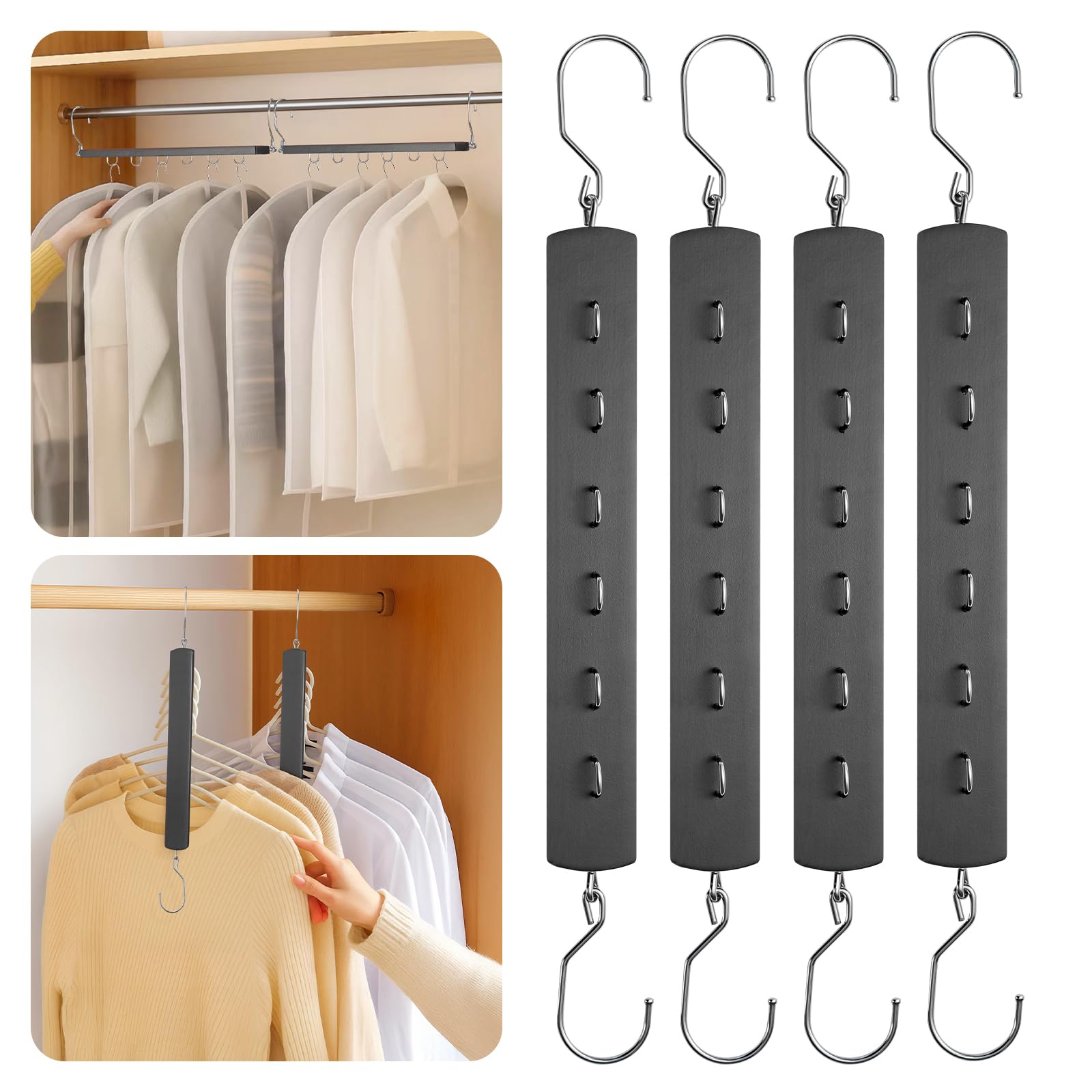 M.J COMFY-LIFE 4 Pack Space Saving Hangers with 360° Swivel Hook 6-Tier clothes Organiser (Hangers Not Included) (Black)