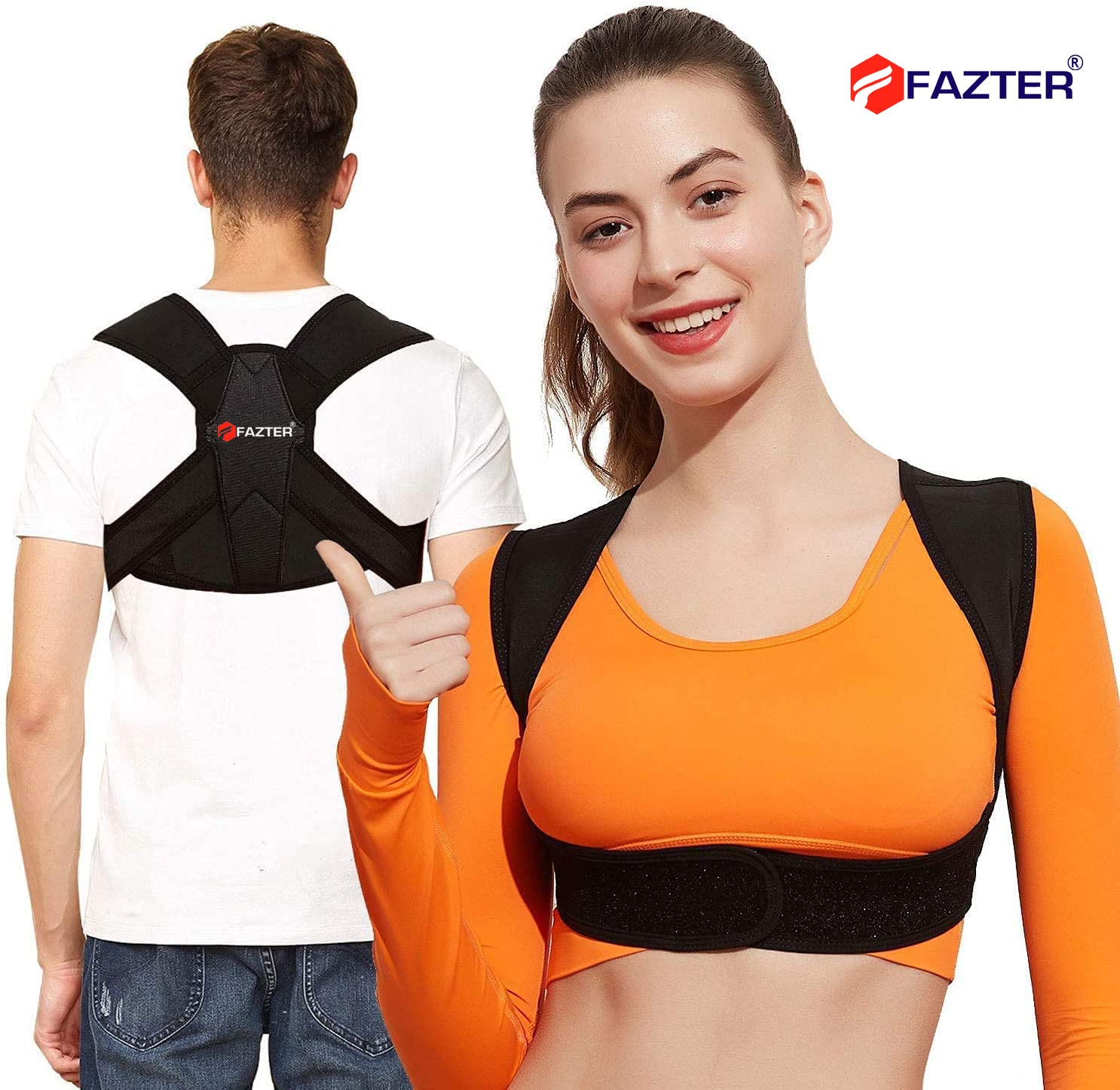 FAZTER Neoprene Premium & Adjustable Back spine Upper Back Brace Posture Corrector for Clavicle Support and pain relief Back/Neck & Shoulder/Back Straightener for men and women (Free Size) (Black)