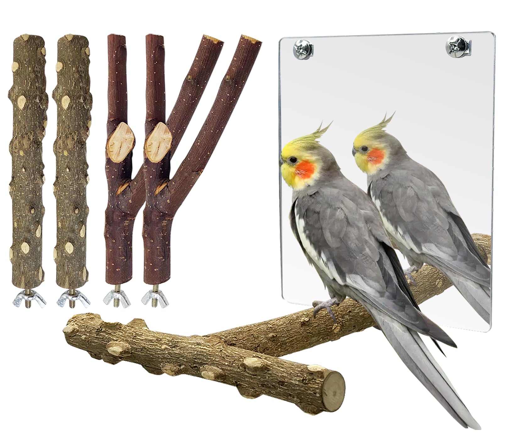 BNOSDM 5PCS Bird Perches Stand with Mirror Parrot Natural Wood Stick Perches Forked Perch Branch Parakeet Toy Set Bird Cage Accessories for Budgie Cockatiel Conure Finch Lovebird