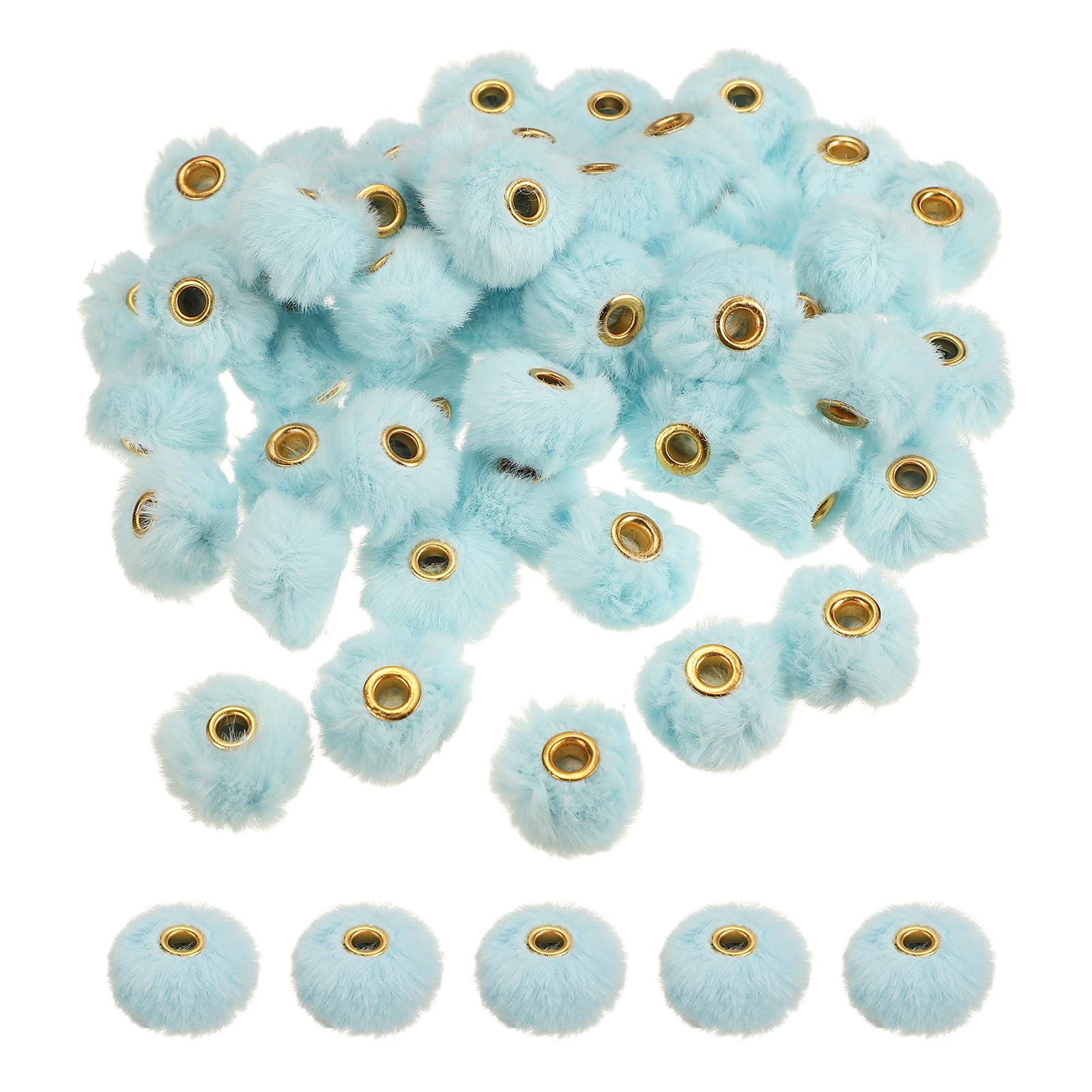 sourcing map 50Pcs Pom Pom Beads, 22 x 12.5mm Faux Fur Fluffy Fuzzy Spacers Bead with 4mm Hole, Soft Pompoms Ball for Pens Keychains Hair Accessories DIY Bracelet Jewelry Making, Light Blue