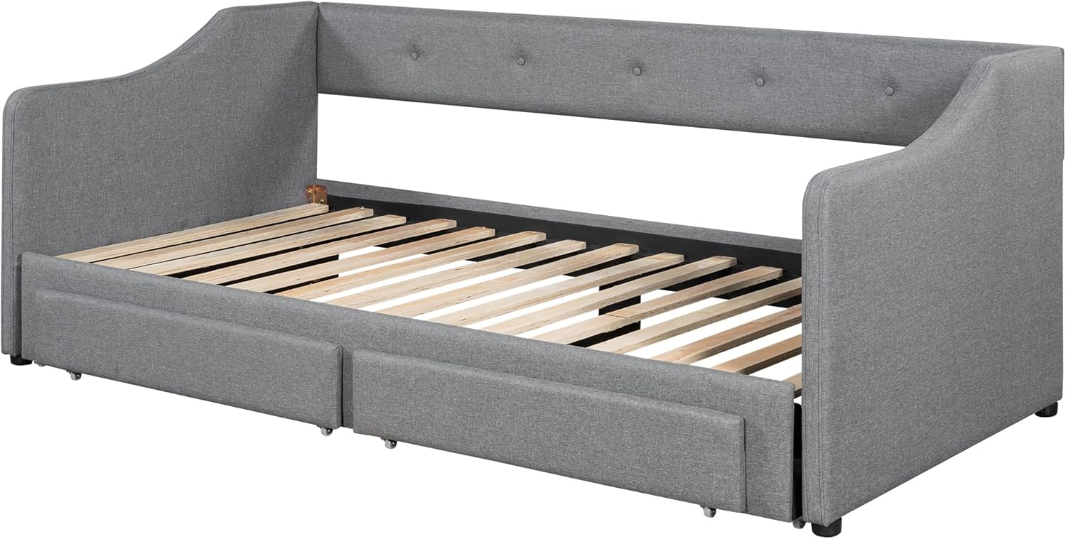 Upholstered Daybed with Pop Up Trundle, Twin XL to King Size Linen Upholstery Daybed Sofa Bed with Armrests for Bedroom Guest Room Living Room, Maximize Space (Gray-POK)