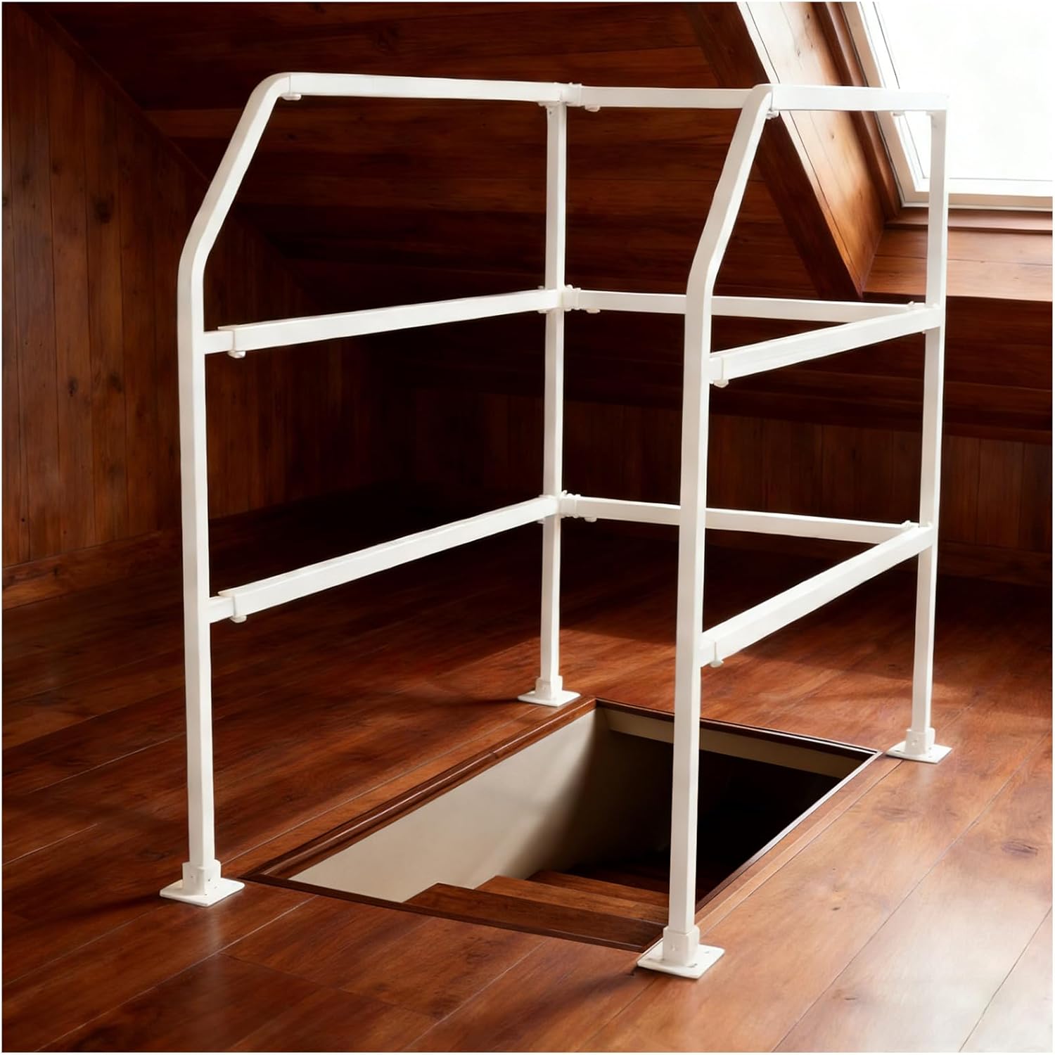 39"-51"Lift Attic Ladder Safety Railing, Attic Ladder Climbing Assistance Railing, Tthree-Layer Adjustable Loft Handrail, 3 Sided Guardrail Ascend Descend at House/Garage/Storage Loft (White)