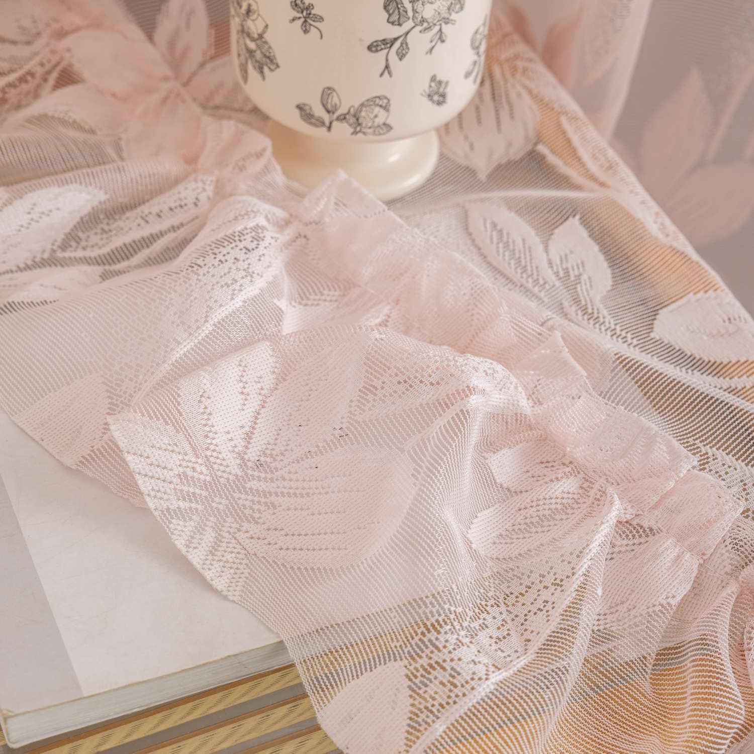 Gxi Pink Lace Sheer Curtain for Living Room Ruffle Vintage Curtain Floral Rod Pocket Drapes for Girls Bedroom Light Filter Tulle Farmhouse Window Curtain Voile, 2 Panels, Each 42 x 63 inch Length