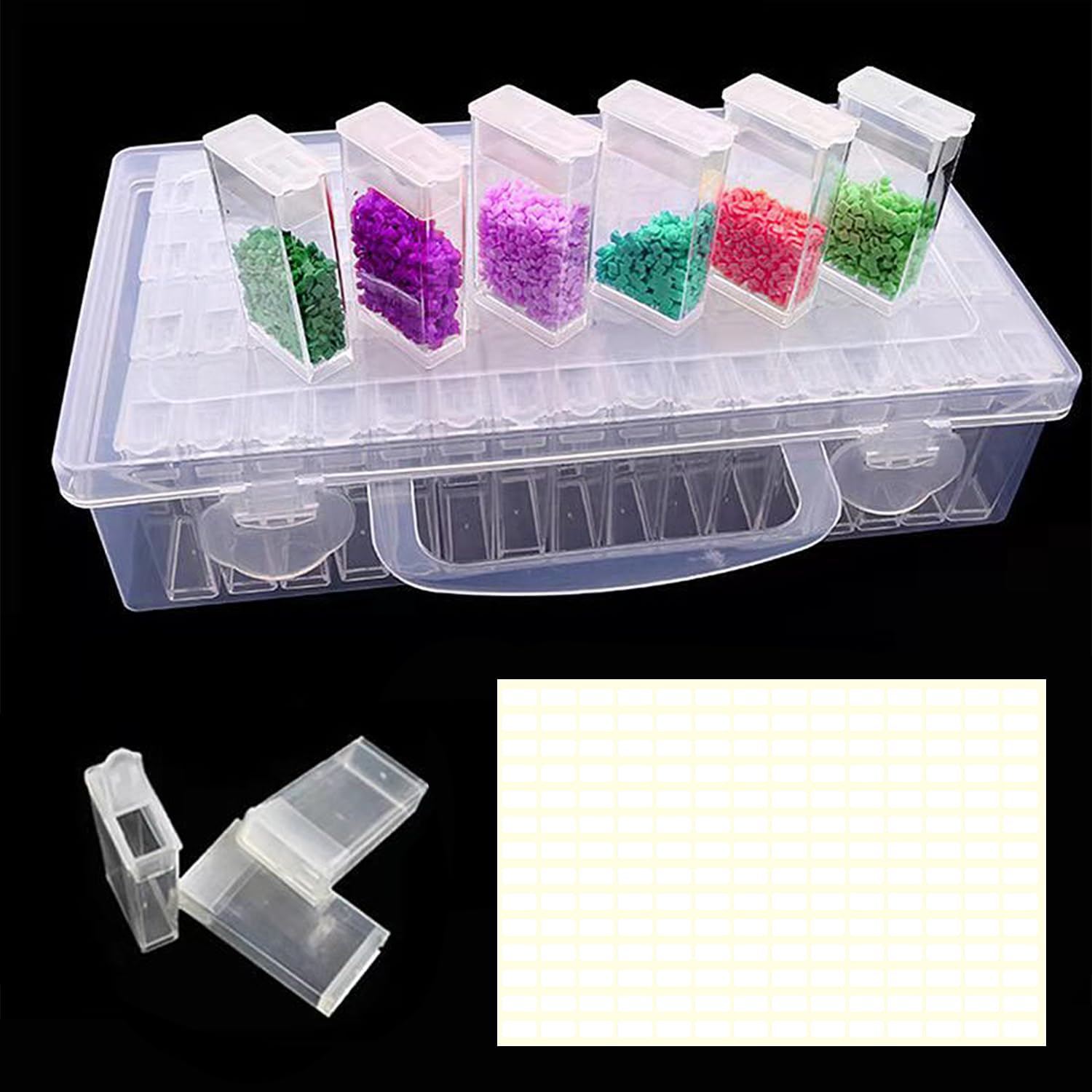 Organisateur 64 Cases Transparent + Autocollants - 21,6x12,7cm - Pour Perles, Paillettes, Bijoux, Vis