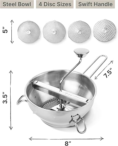 Miniatura 8 de Molino de alimentos de acero inoxidable de 4 discos mejorado, diseño giratorio ergonómico para salsa de tomate, puré de manzana, comida para bebés,